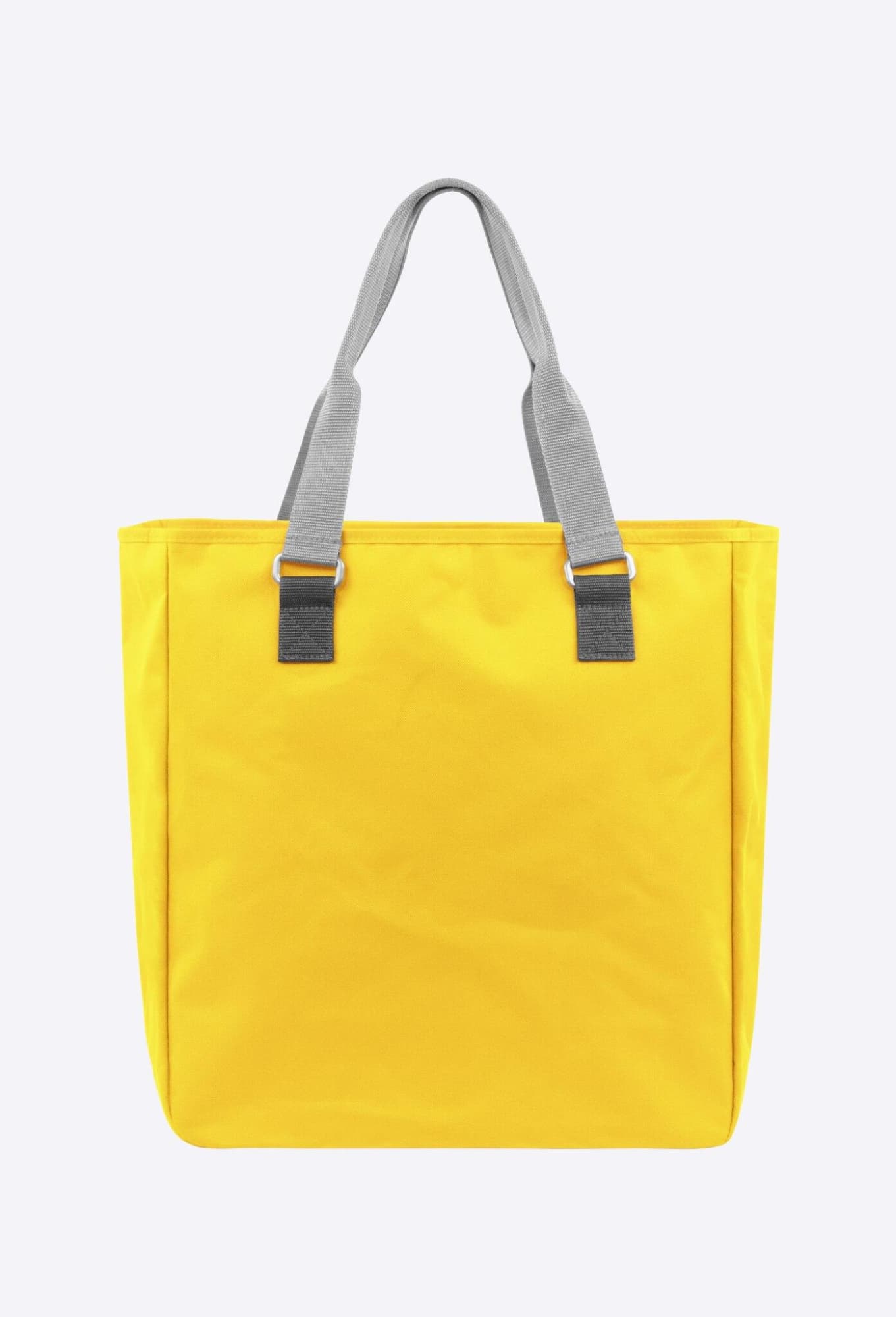 A yellow reusable grocery bag with grey straps and a simple, sleek design. It features a logo on one side.