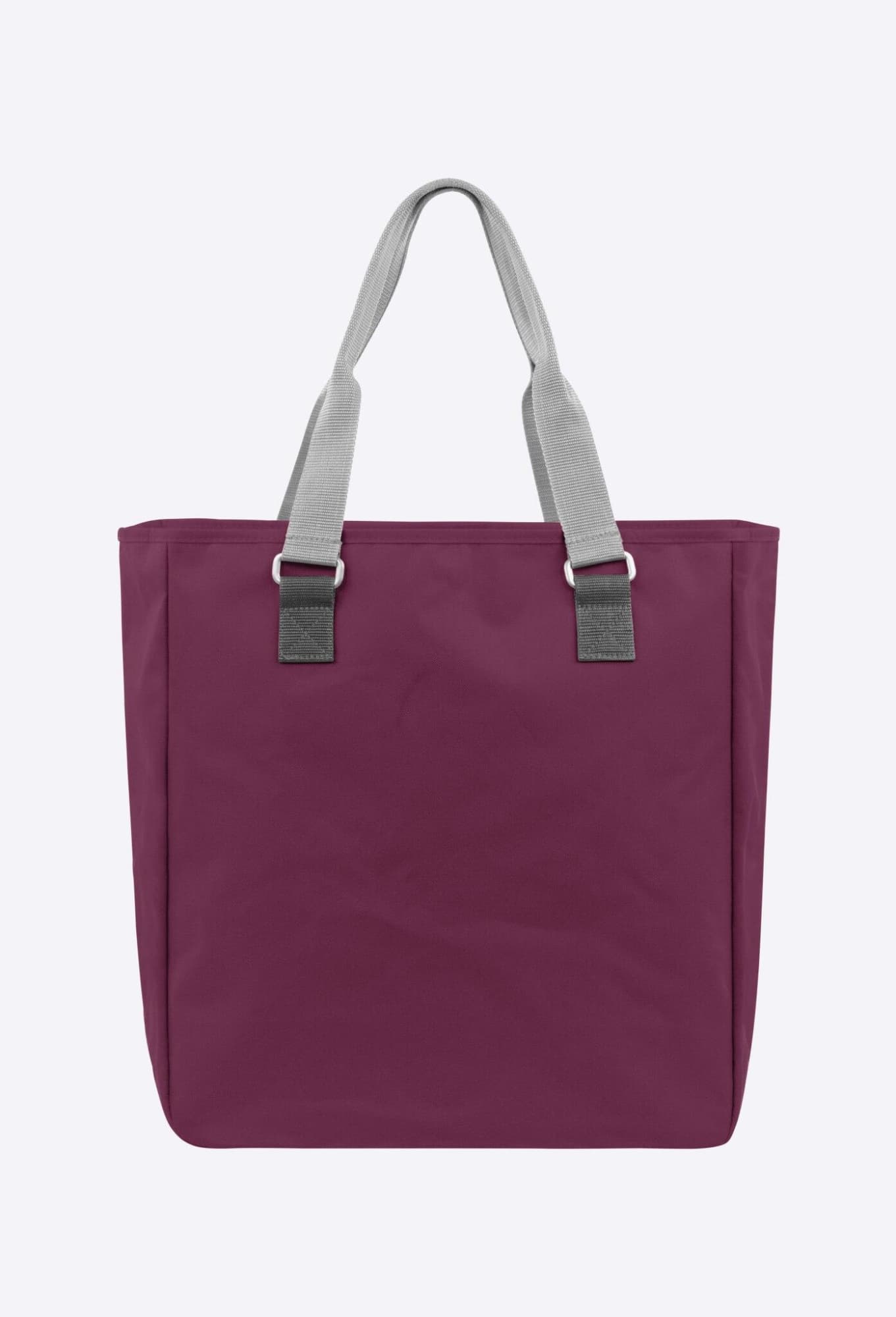 A reusable grocery bag in a deep plum colour with grey handles and a simple design, featuring a logo.