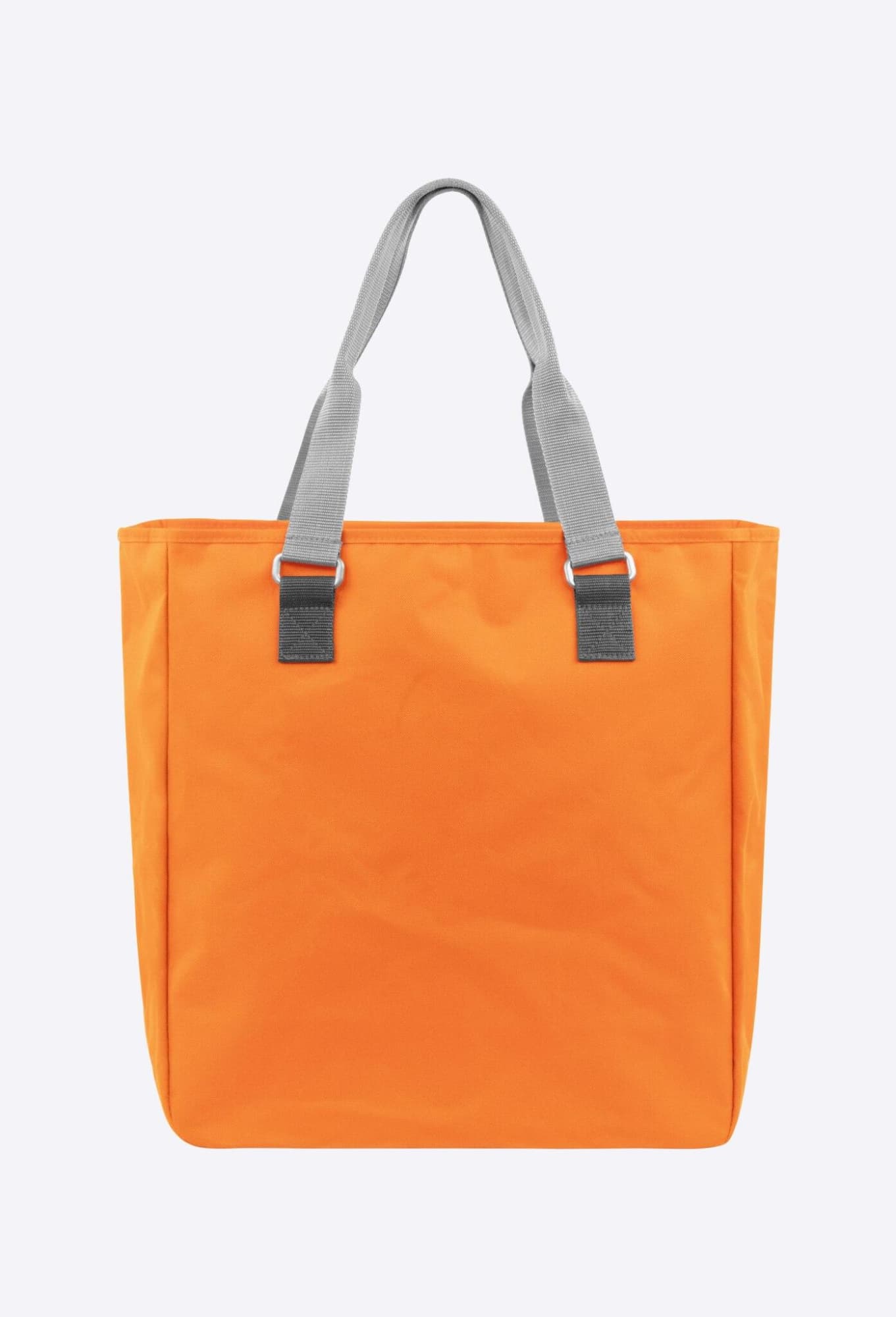 An orange reusable grocery bag with grey handles, featuring a simplistic design. The bag has a logo on it.