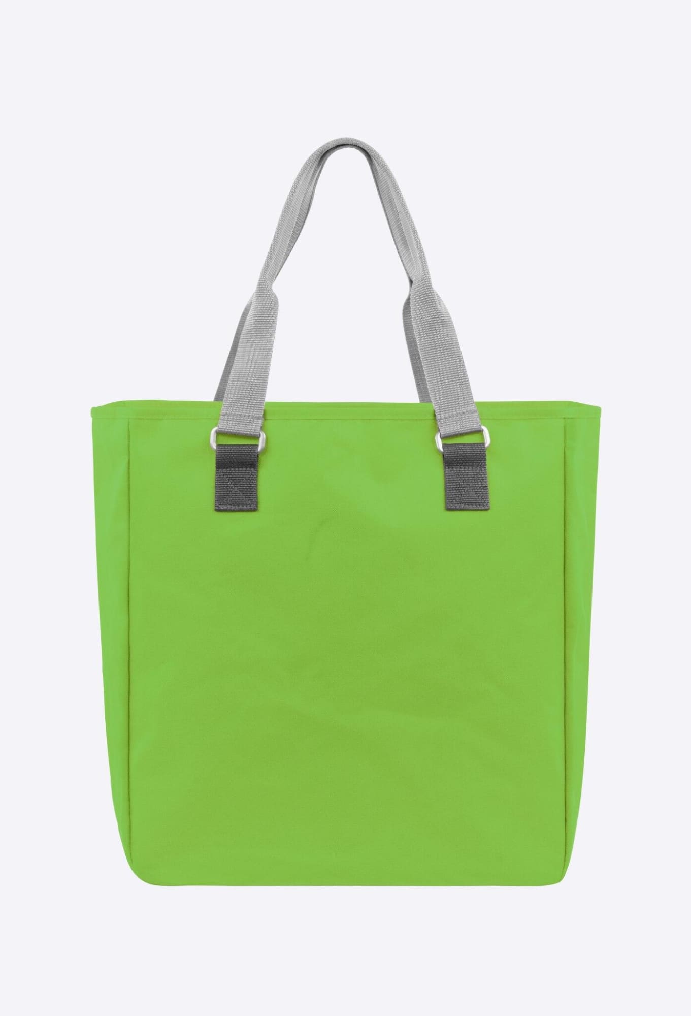 A green reusable grocery bag with grey handles and a simple design. The bag features a logo on one side.