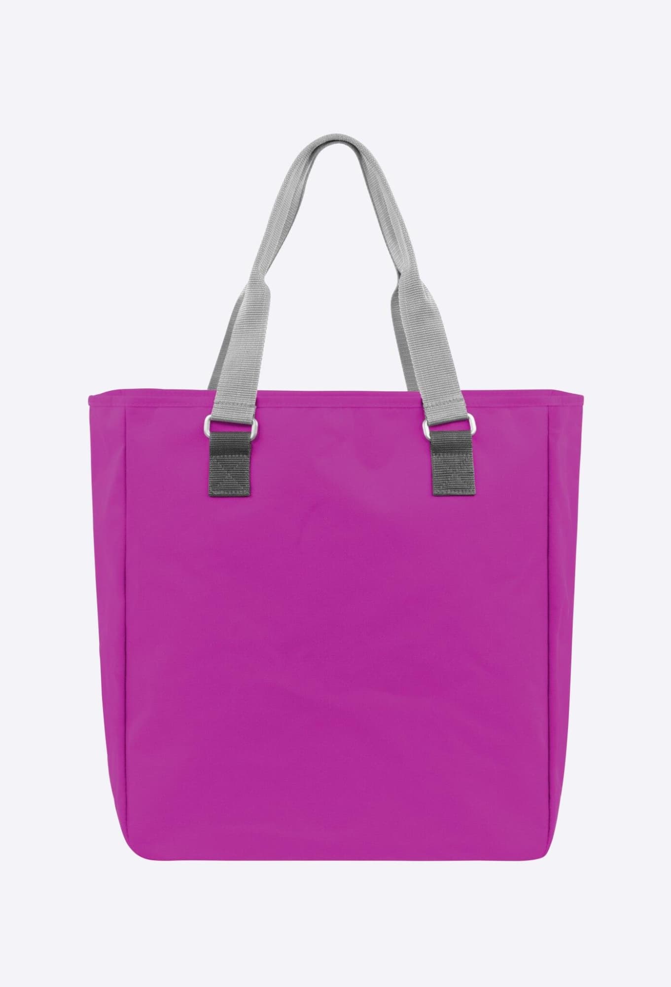 A reusable grocery bag in vibrant pink with grey straps, featuring a simple design and a logo.