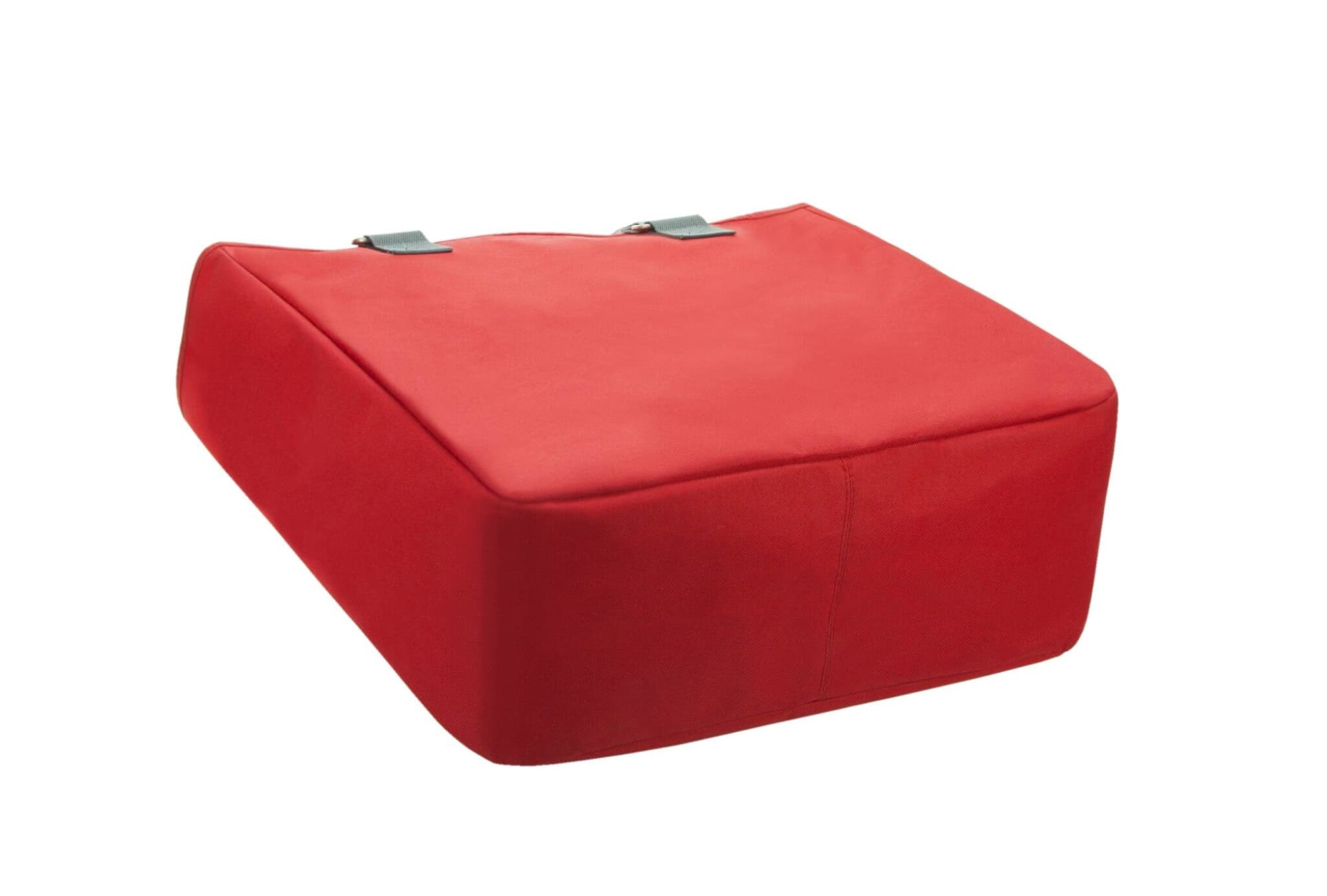 A red reusable grocery bag with a flat base and two carrying handles, featuring a logo on the side.