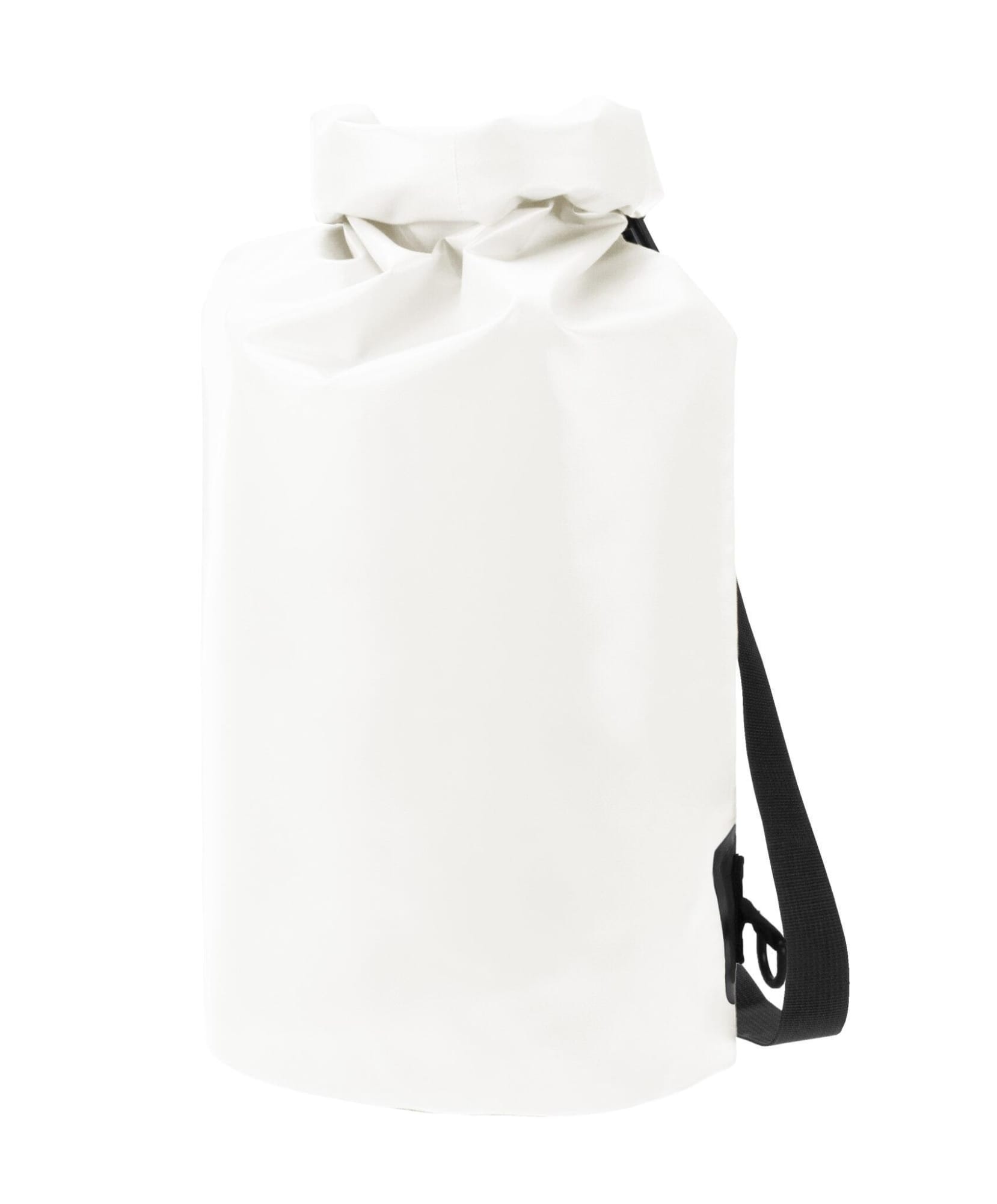A white dry bag with a black shoulder strap and a roll-top closure. It features a logo on the side.