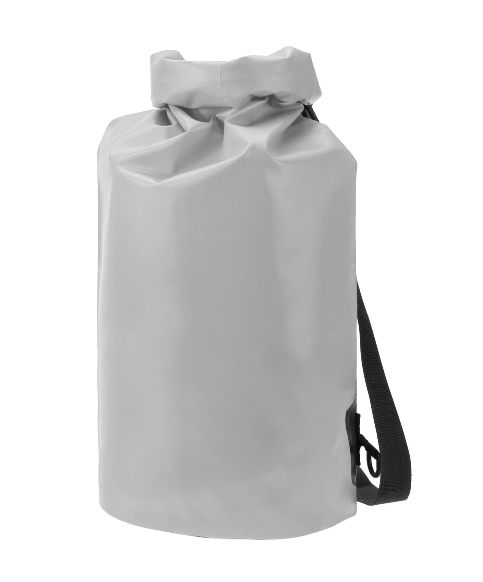 A grey dry bag with a roll-top closure and an adjustable shoulder strap. It features a logo on the side.