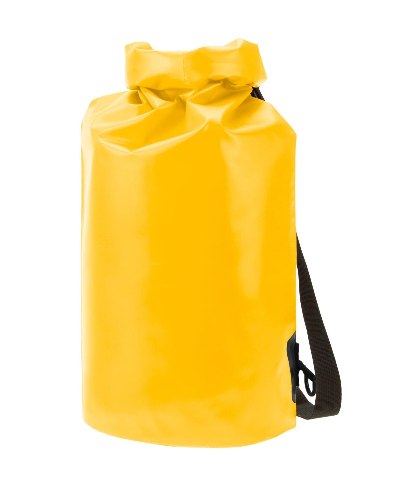 A yellow dry bag with a black shoulder strap, featuring a roll-top closure and a logo.