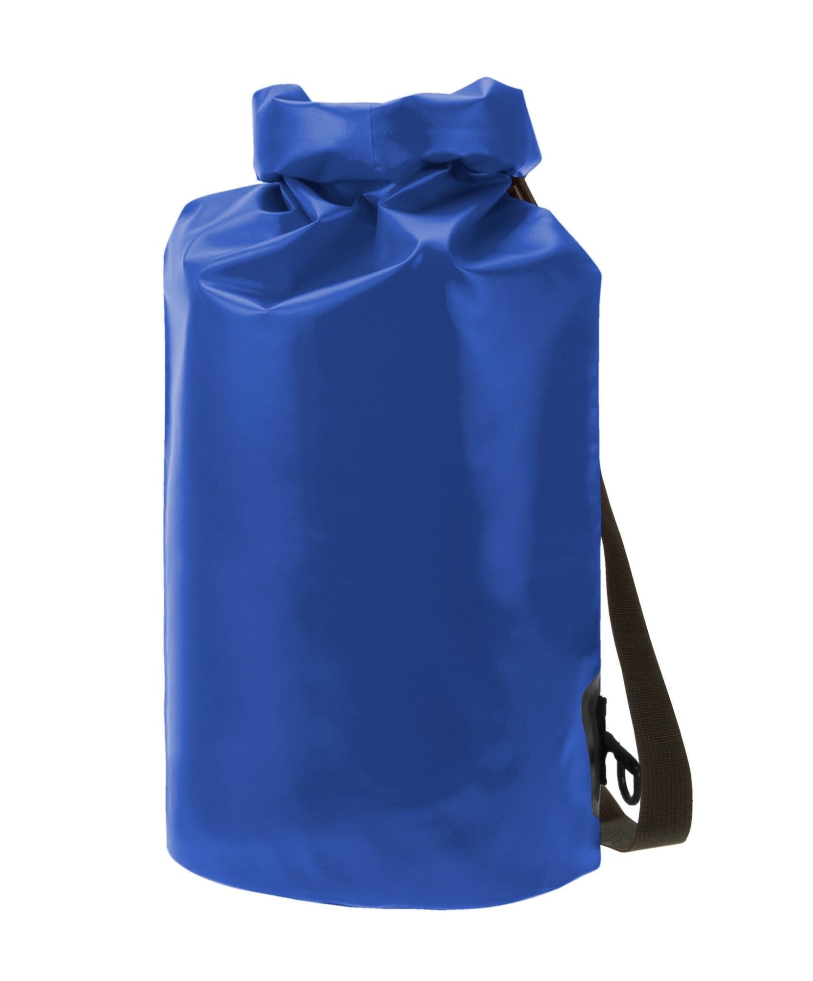 A blue dry bag with a cinch top and a black adjustable strap, featuring a logo.