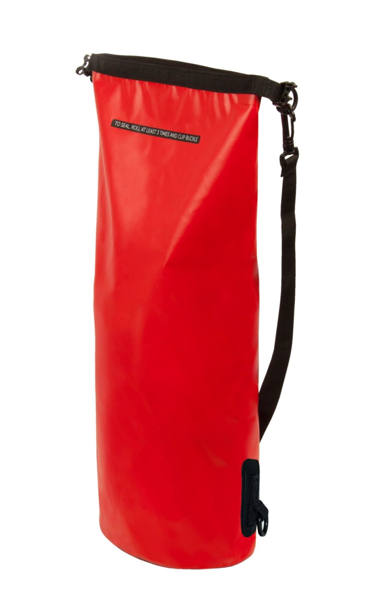 A red dry bag with a shoulder strap and a logo, designed for waterproof storage.