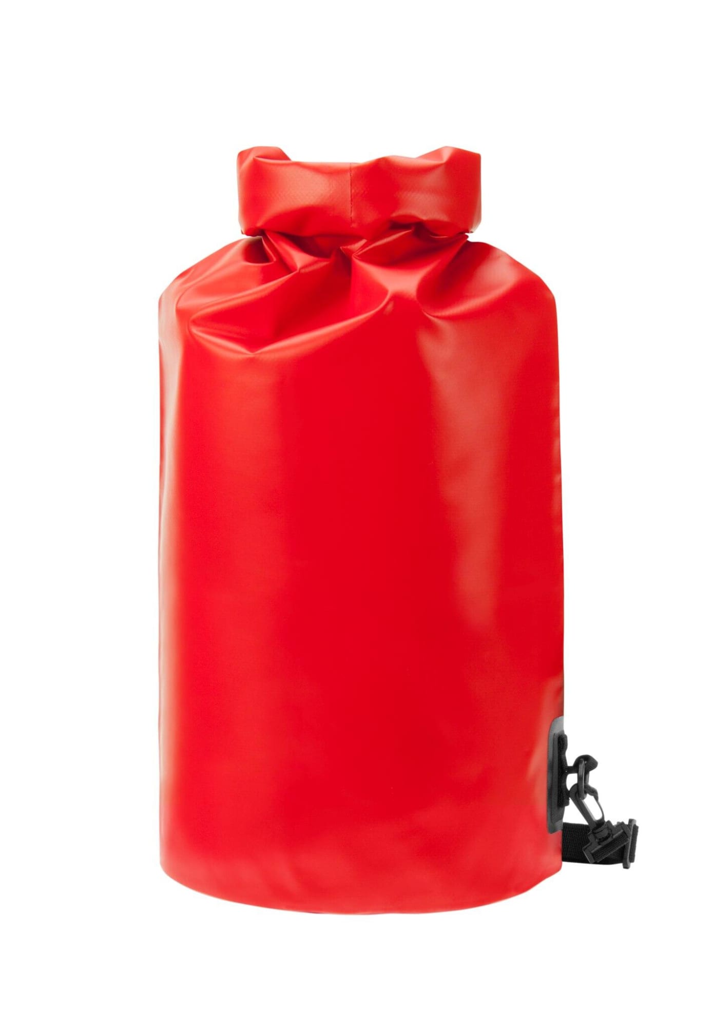 A red dry bag with a roll-top closure and a clip. It features a small logo on the side.