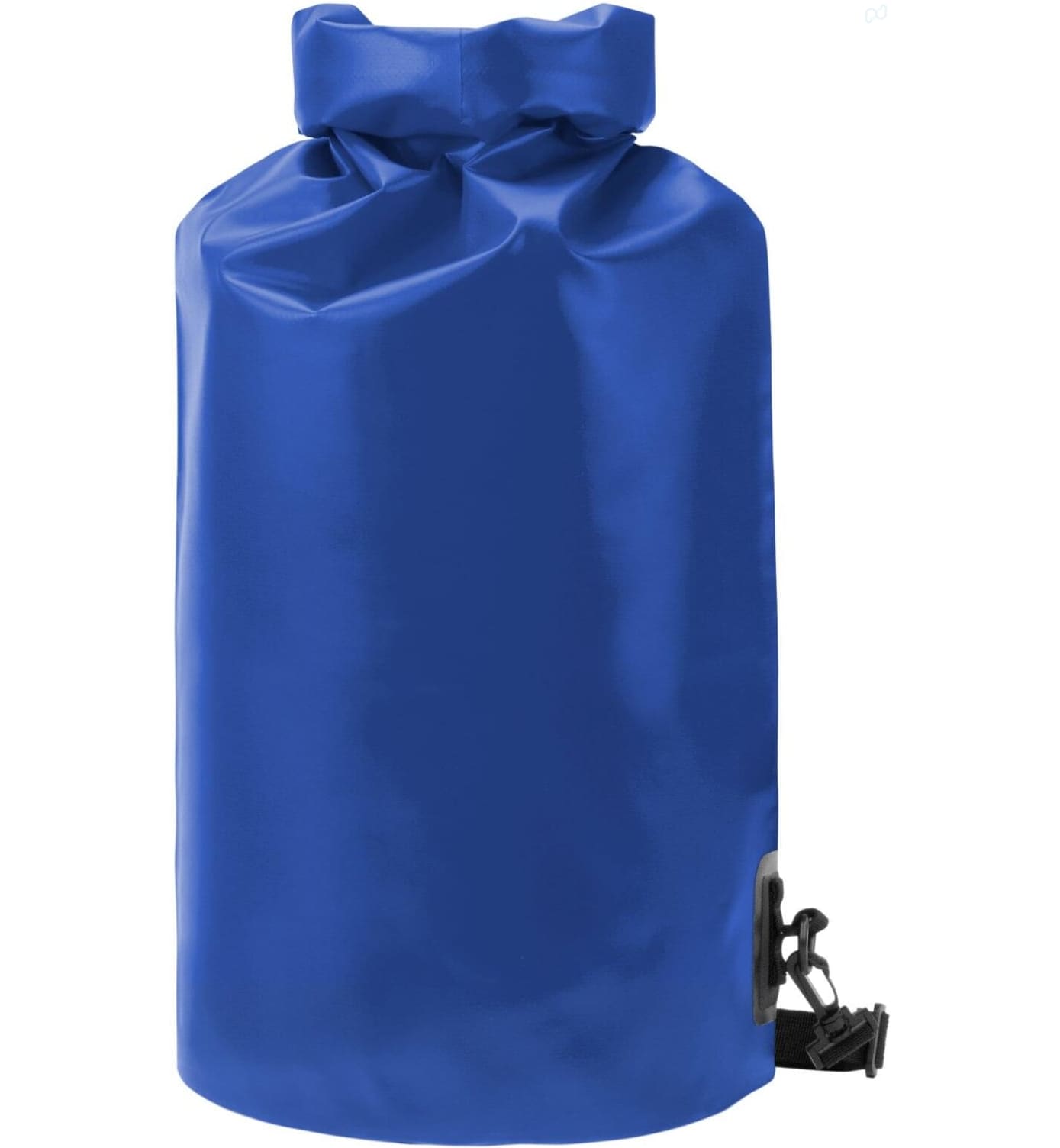A blue dry bag with a roll-top closure and a clip fastener, featuring a logo.