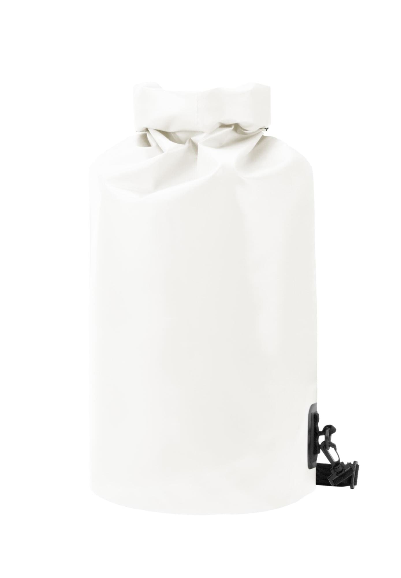 A white dry bag with a roll-top closure and a black buckle strap. It features a logo on the side.