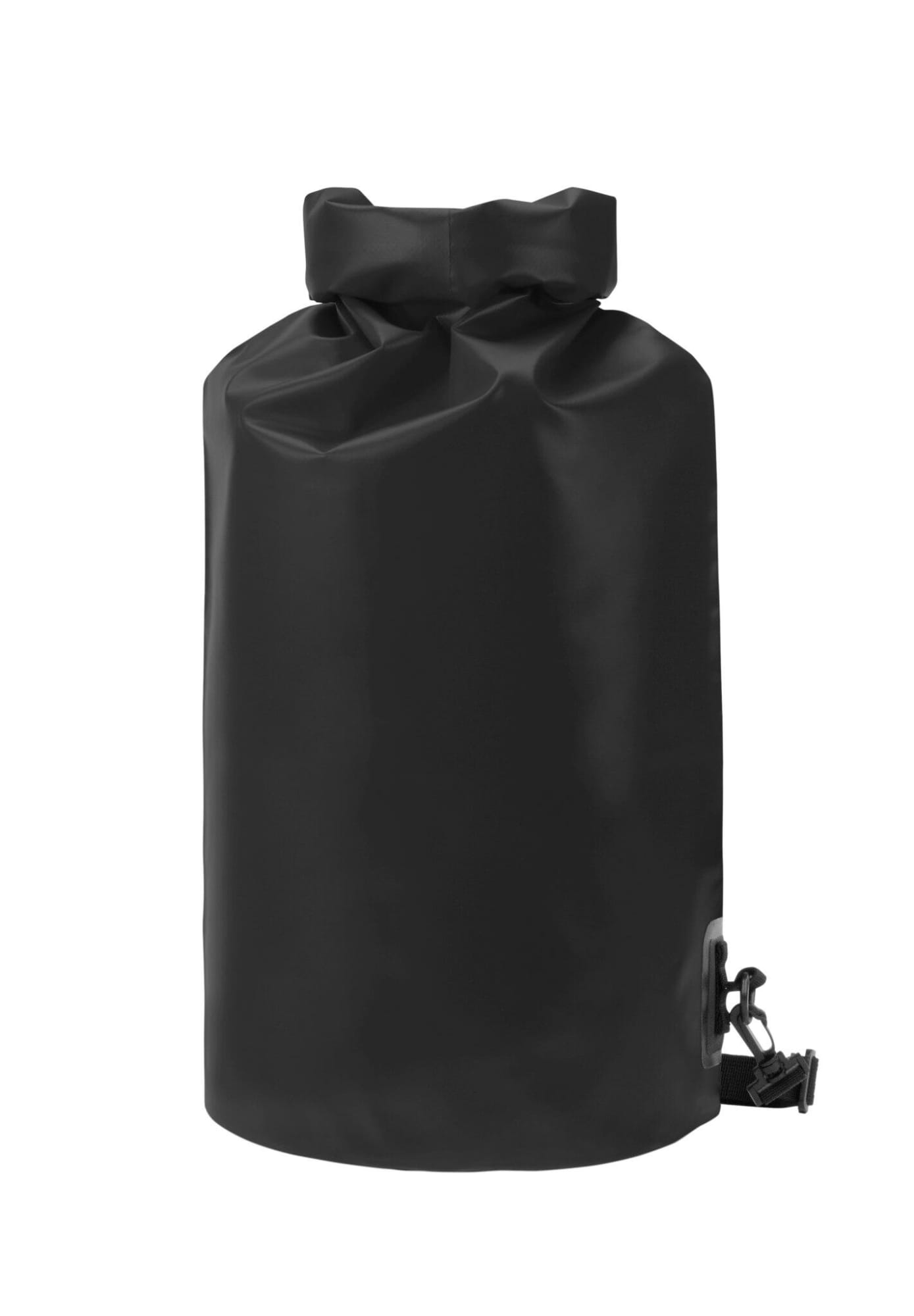 A black dry bag with a roll-top closure and an adjustable strap, featuring a branding logo.