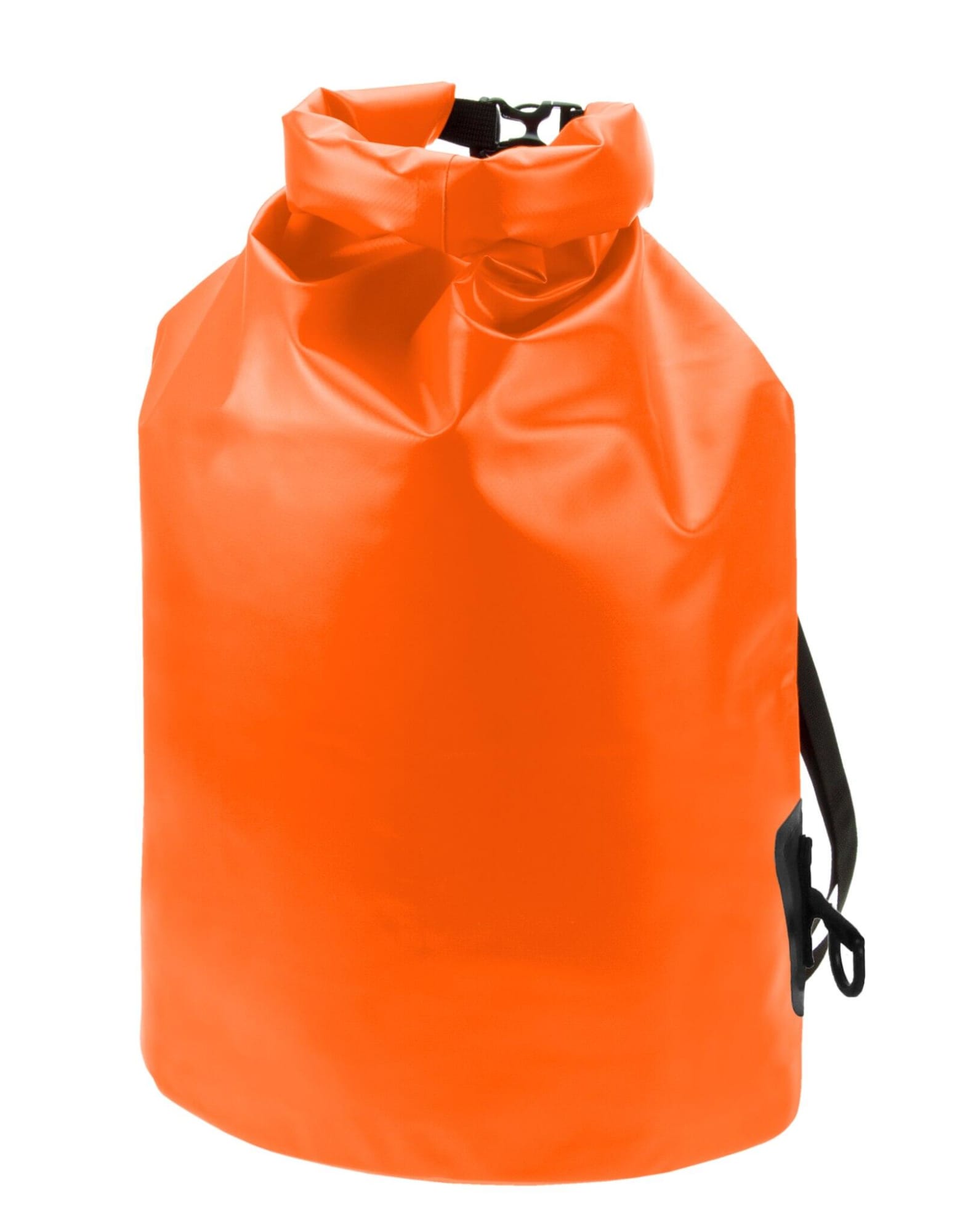 An orange dry bag with a roll-top closure and adjustable straps, featuring a logo.