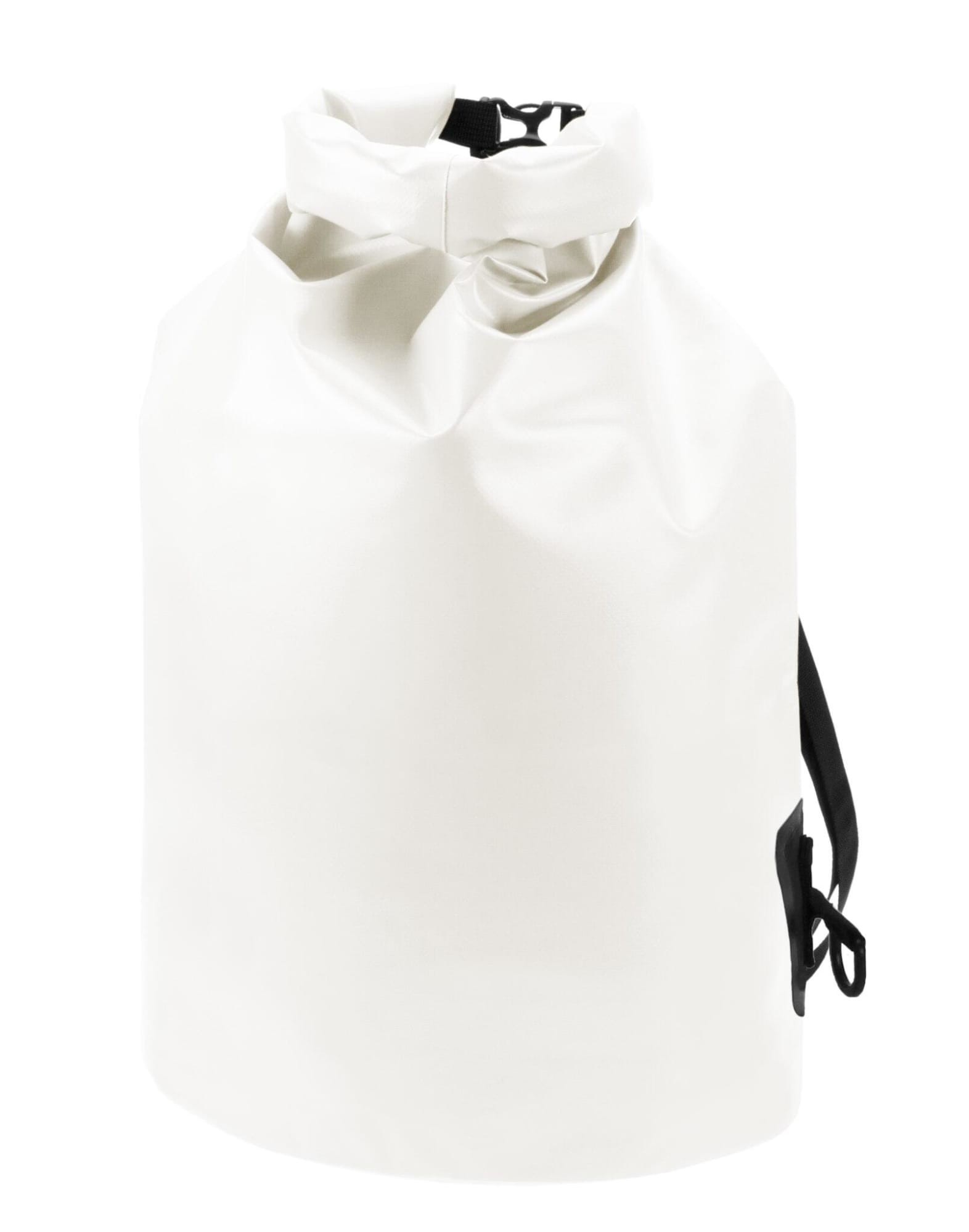 A white dry bag with a black strap, featuring a closure at the top and a logo on the side.