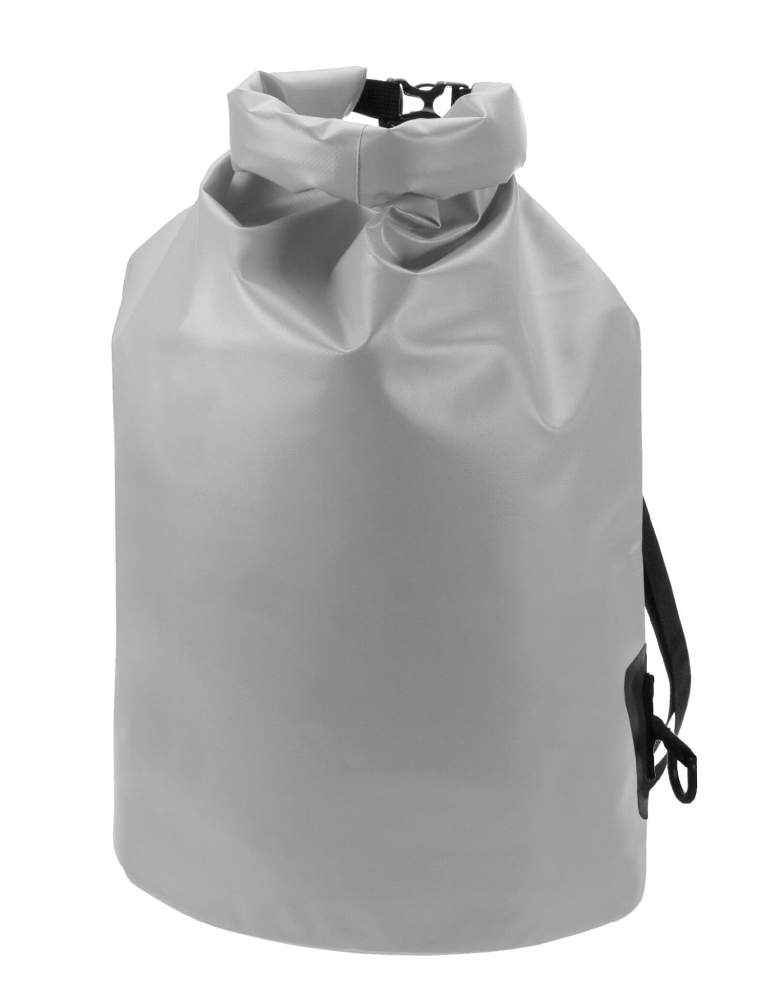 A grey dry bag features a roll-top closure and a side strap for easy carrying. It also has a logo.