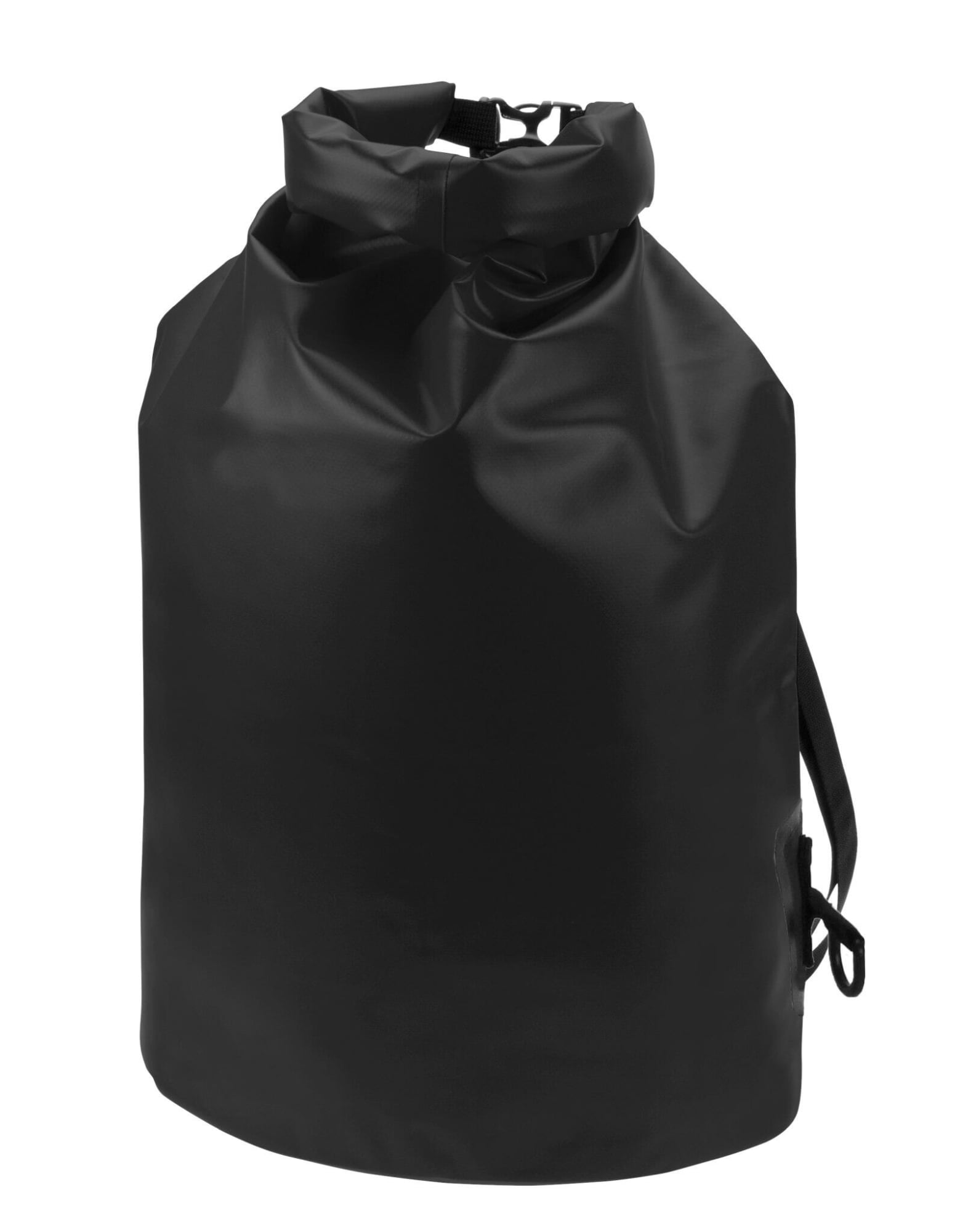 A black dry bag with a roll-top closure and adjustable straps, featuring a logo. Ideal for waterproof storage.