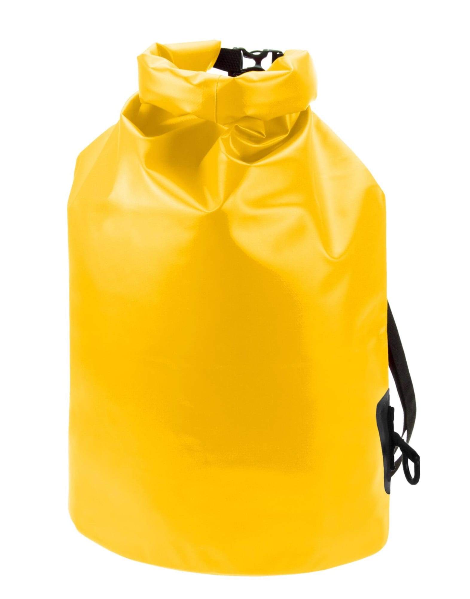 A yellow dry bag with a roll-top closure and a black strap for carrying. It features a logo.