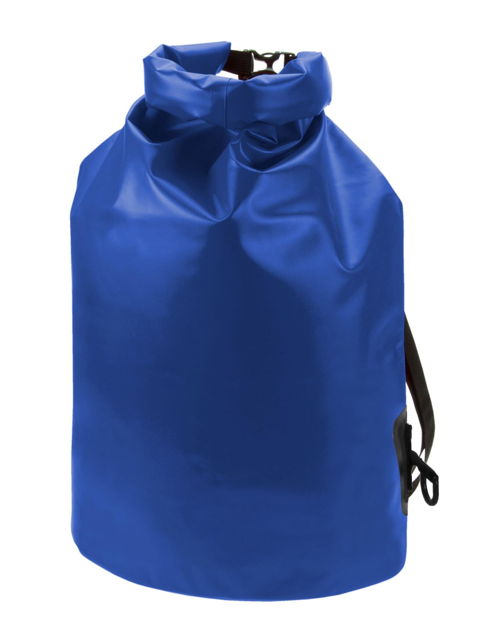 A blue dry bag with a roll-top closure and a black adjustable strap, featuring a logo.