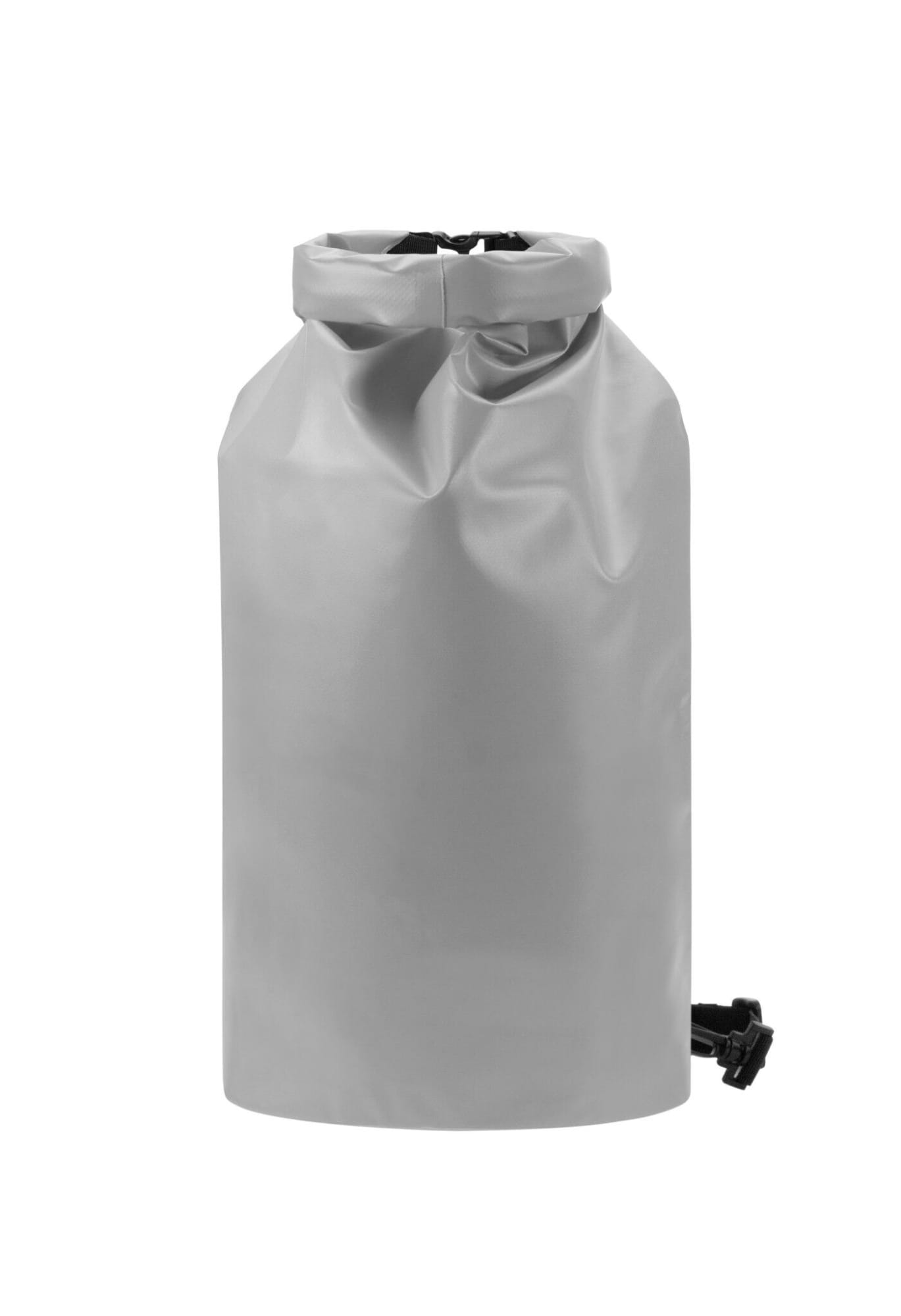A grey dry bag with a roll-top design and a strap for easy carrying. It features a logo.