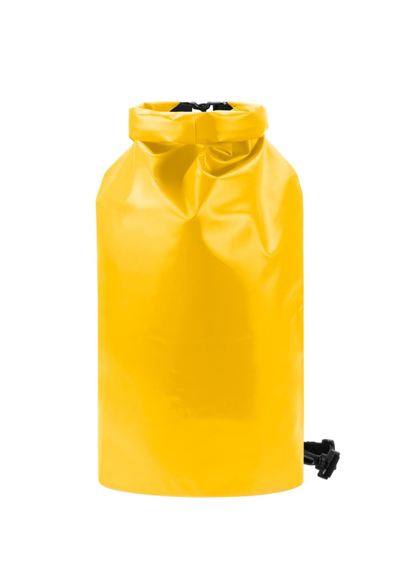 A yellow dry bag with a black secure closure and a branding logo on the surface.