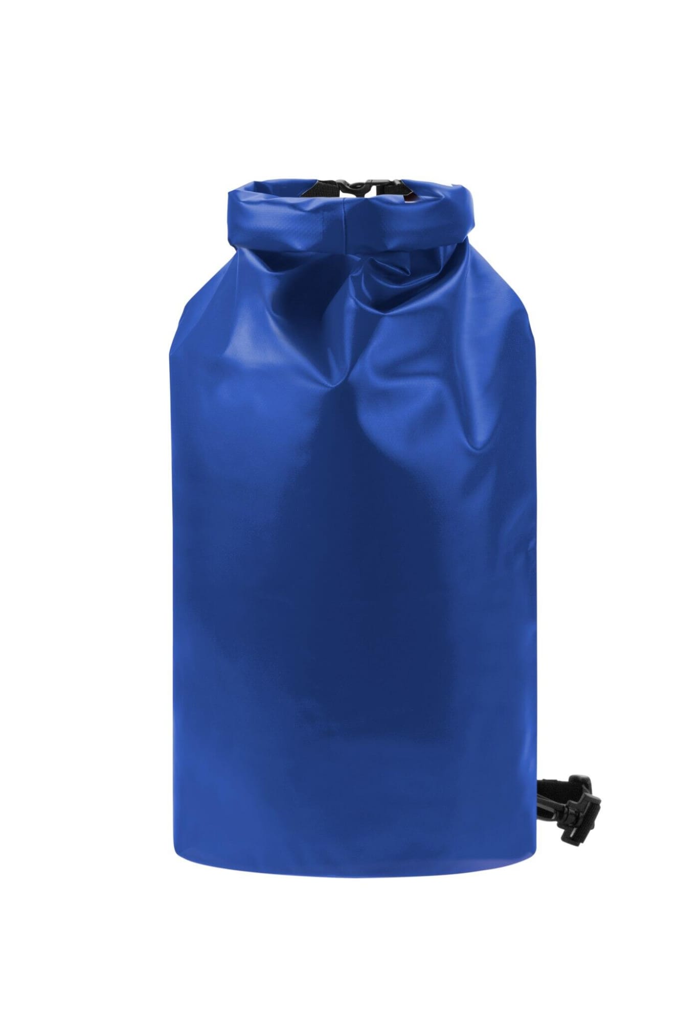 A blue dry bag with a roll-top closure and black strap, featuring a simple design and a logo.