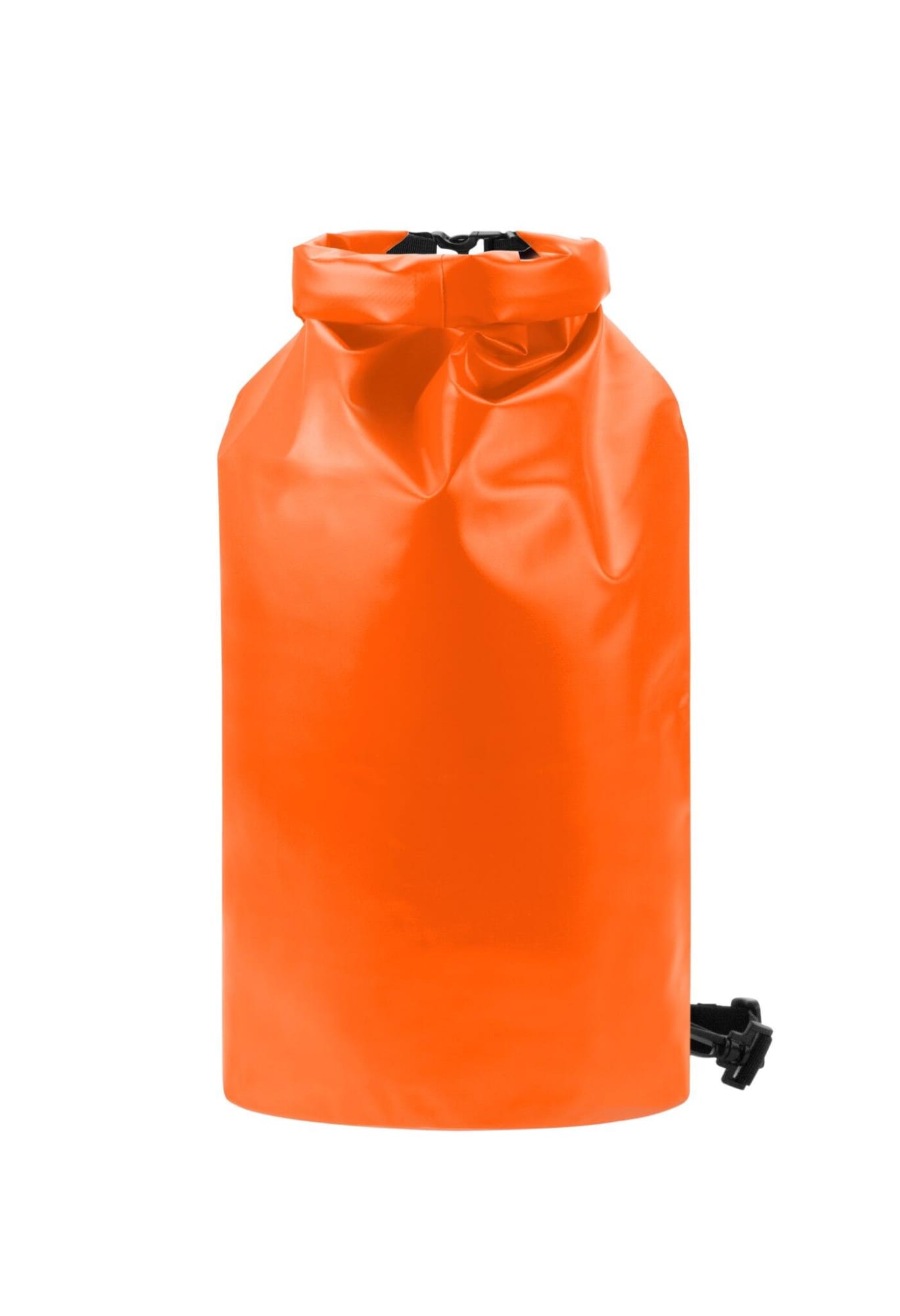 An orange dry bag with a roll-top closure and a black strap. It features a logo.