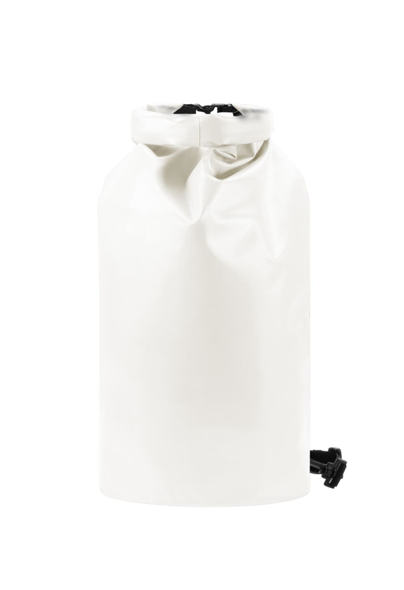 A white dry bag featuring a roll-top closure and a black clip. It has a branding logo on the surface.