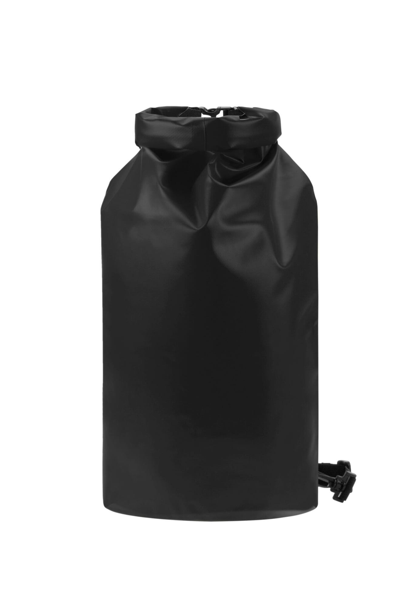 A black dry bag with a roll-top closure and an adjustable strap. It features a logo.