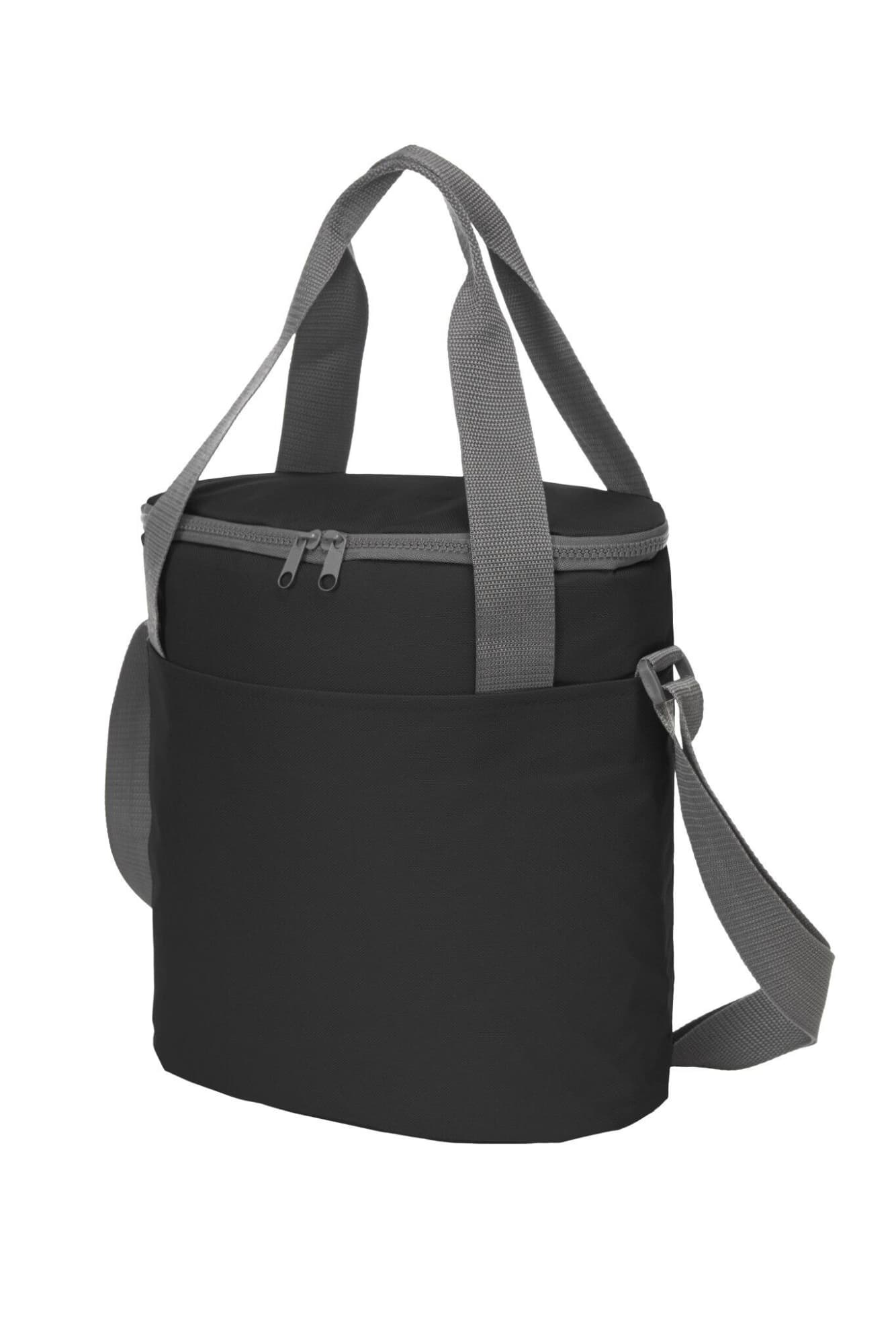A black cooler bag with grey straps and a zippered top, featuring an exterior pocket and an adjustable shoulder strap.