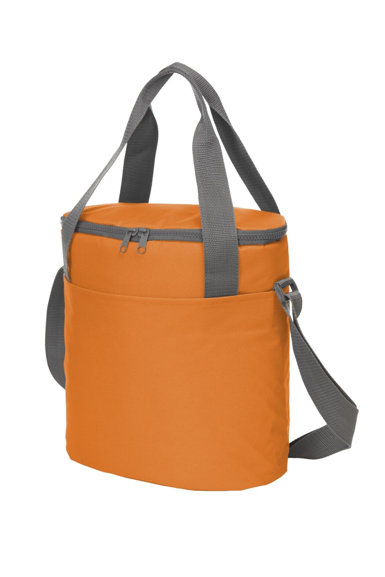 An orange cooler bag with a zippered top, grey straps, and a front pocket. It features a logo.