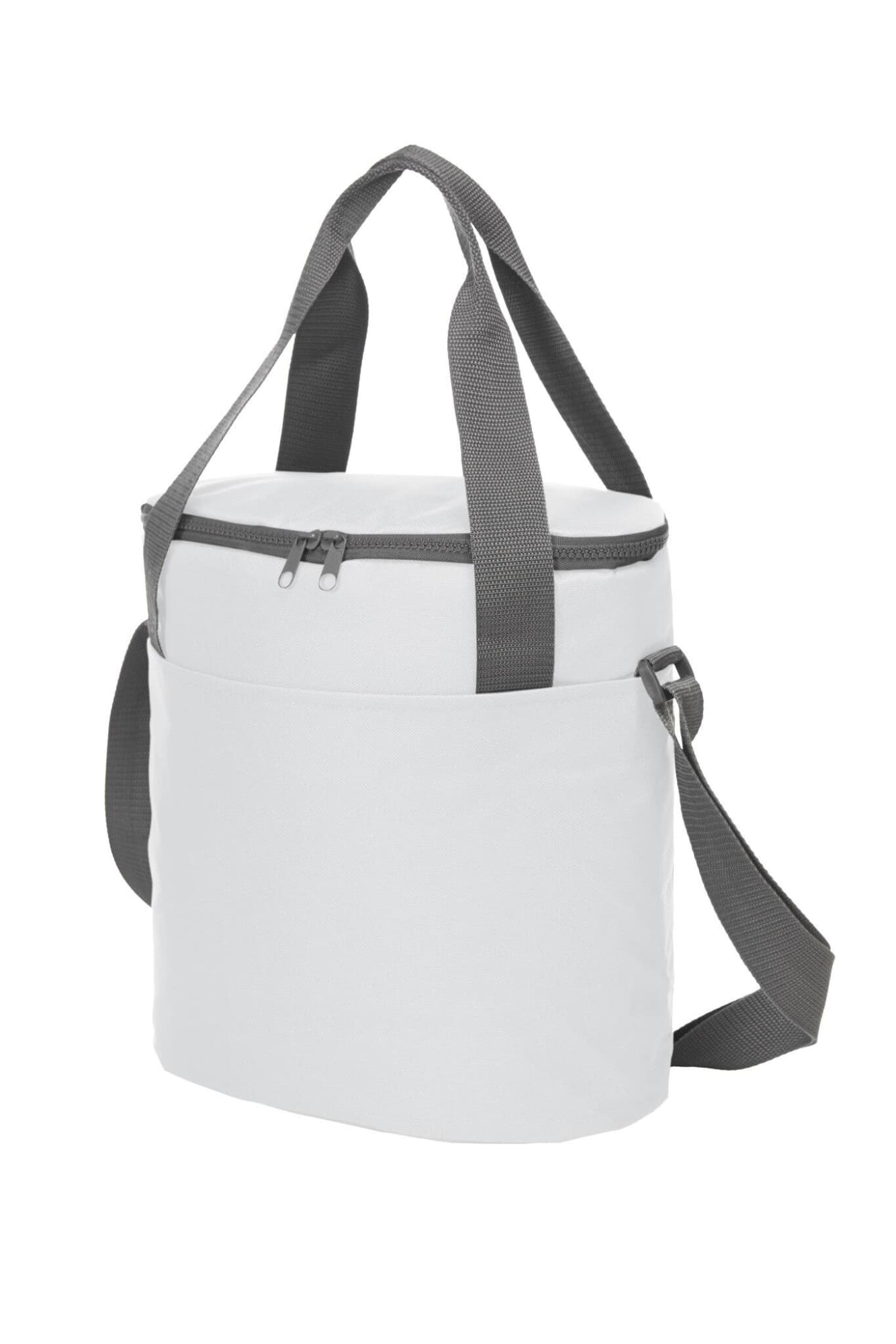 A white cooler bag with grey straps and a zippered top, featuring a simple design. It includes a logo.