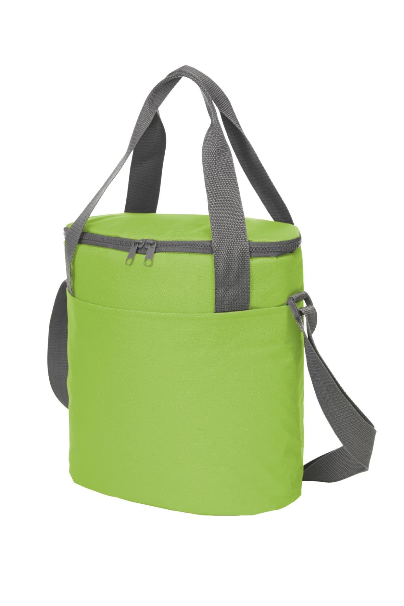 A green cooler bag with a zippered top, short handles, and a detachable shoulder strap. It features one front pocket.
