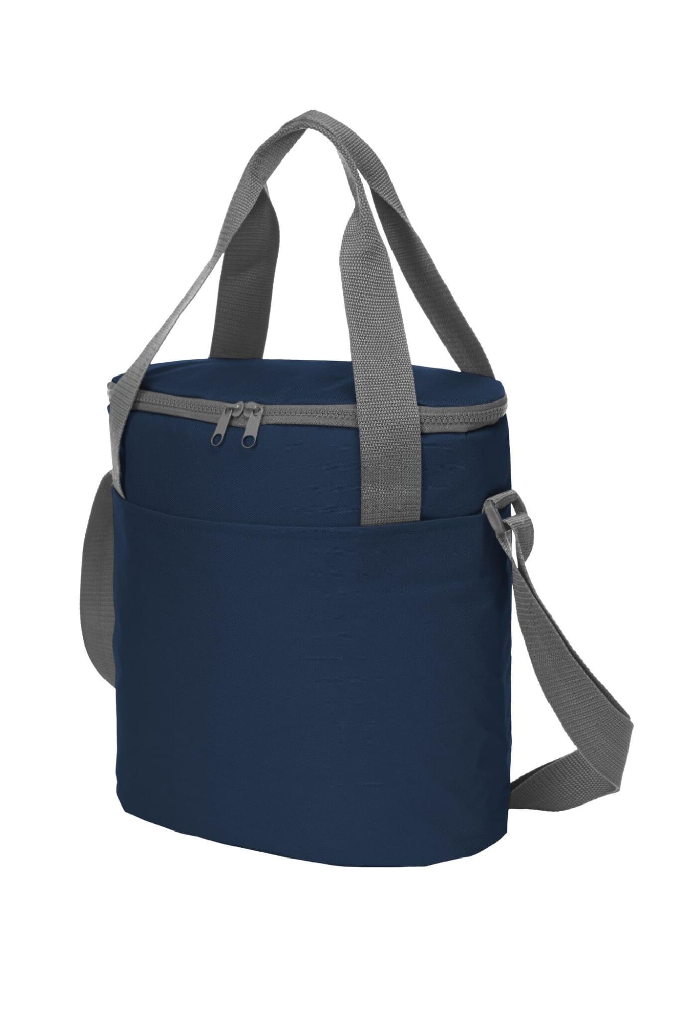 A navy cooler bag with grey straps, featuring a zippered main compartment and a front pocket. It has a logo.