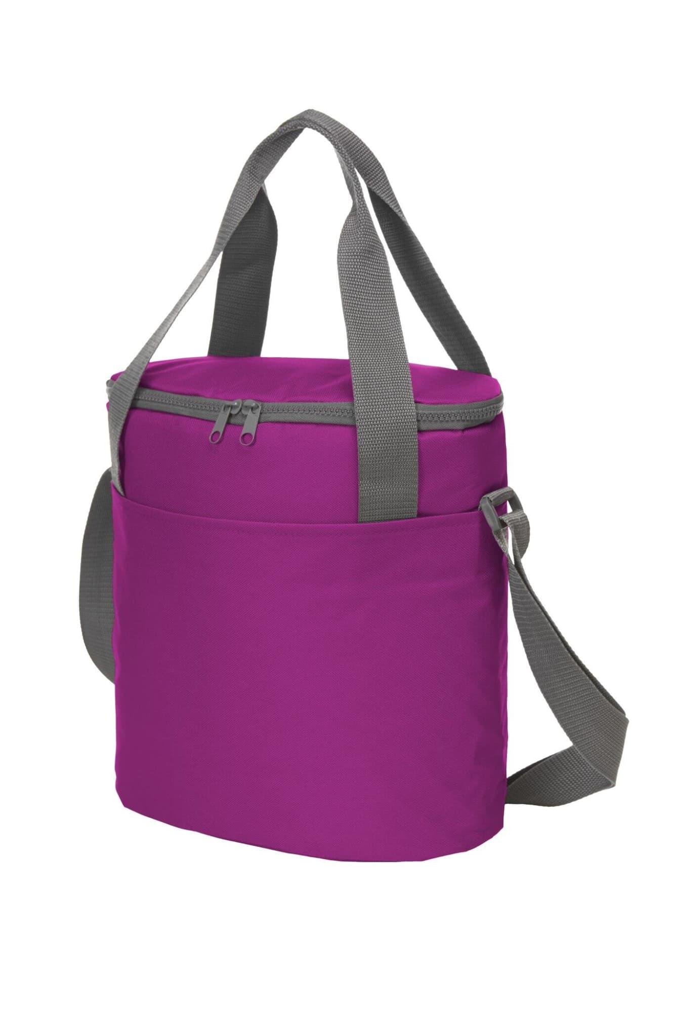 A purple cooler bag with grey straps and a zippered top, featuring an exterior pocket and a logo.