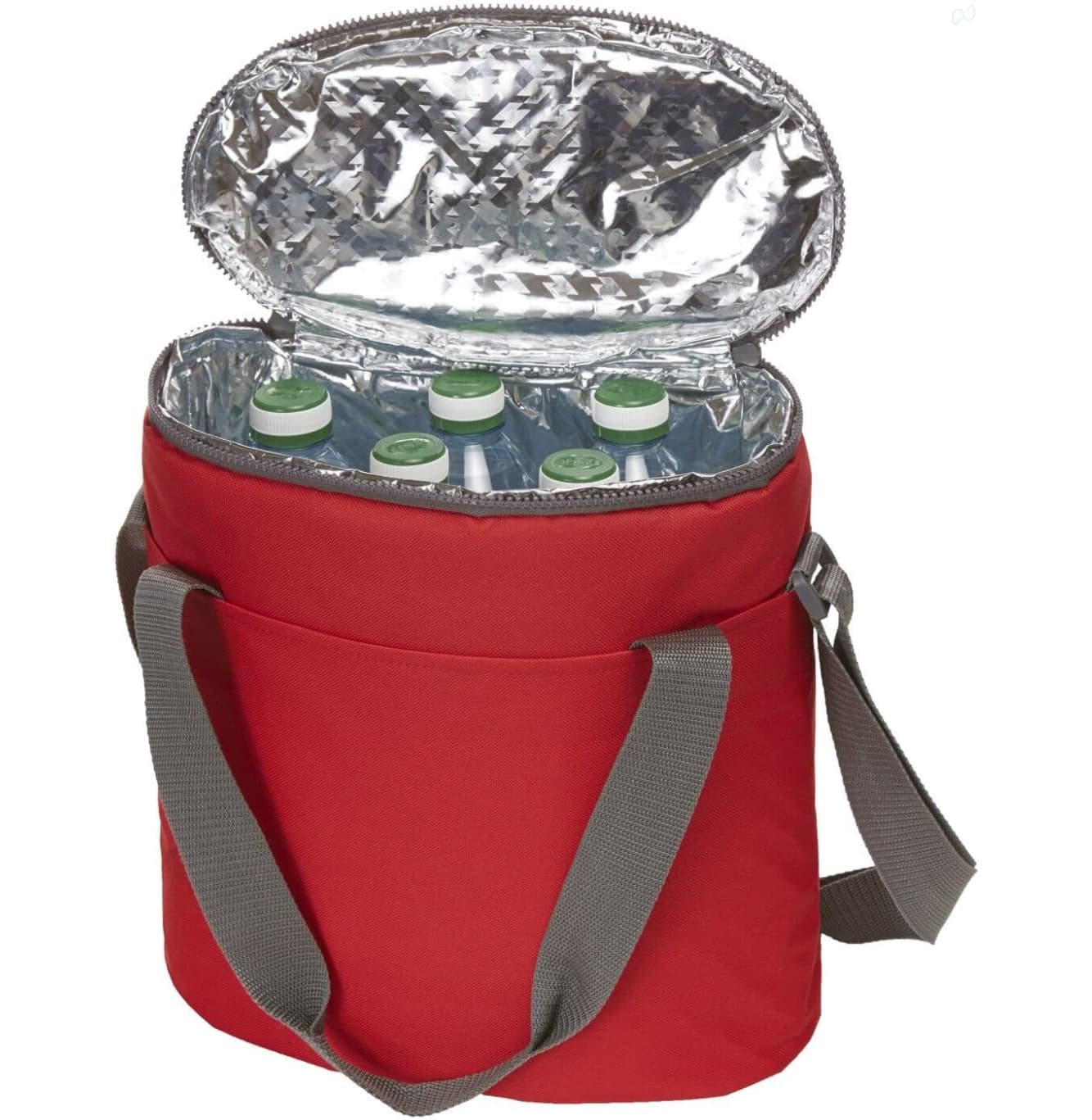 A red cooler bag with a grey strap, featuring an insulated interior that holds multiple drink bottles.