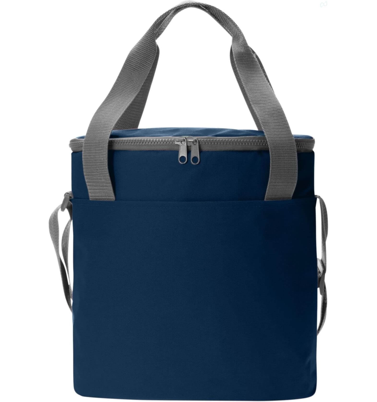 A navy cooler bag with grey straps and a zip closure, featuring a front pocket and a simple design.