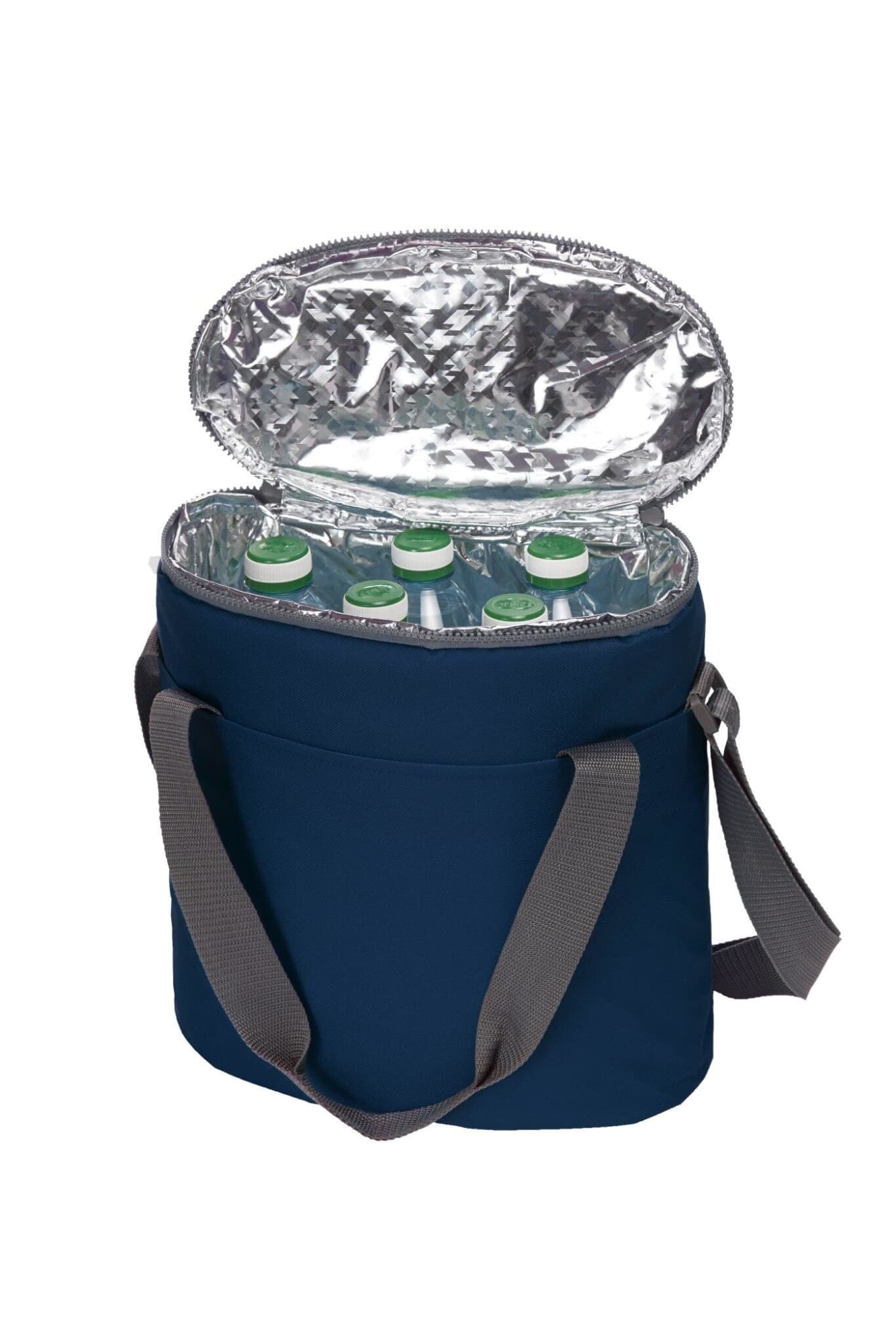 A cooler bag in navy blue with a silver insulated interior and filled with drink bottles. It features a grey strap and has a logo.
