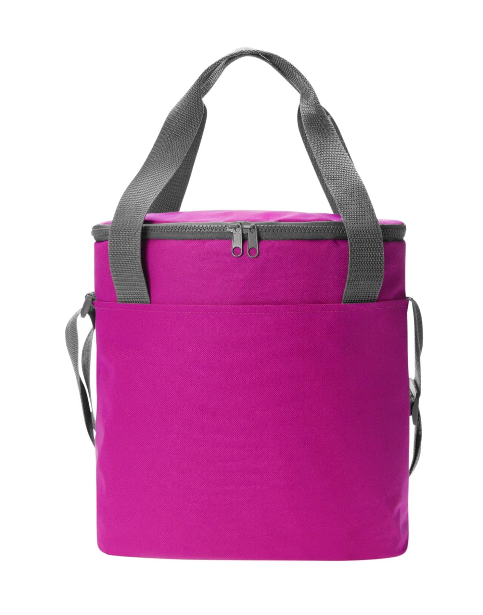 A cooler bag in vibrant pink with grey straps and a zippered top compartment. It features a side pocket and a logo.