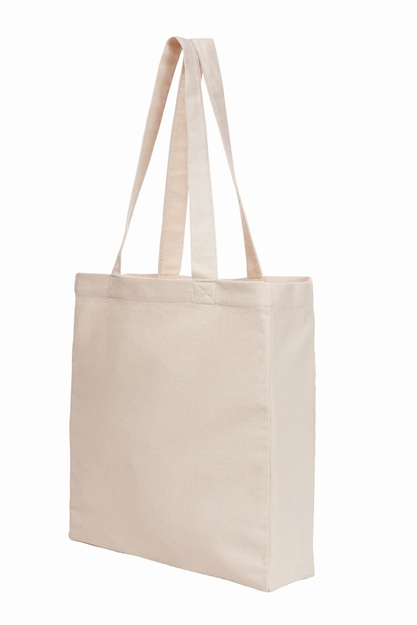 A beige reusable grocery bag with long handles and a sturdy design, featuring a logo on one side.
