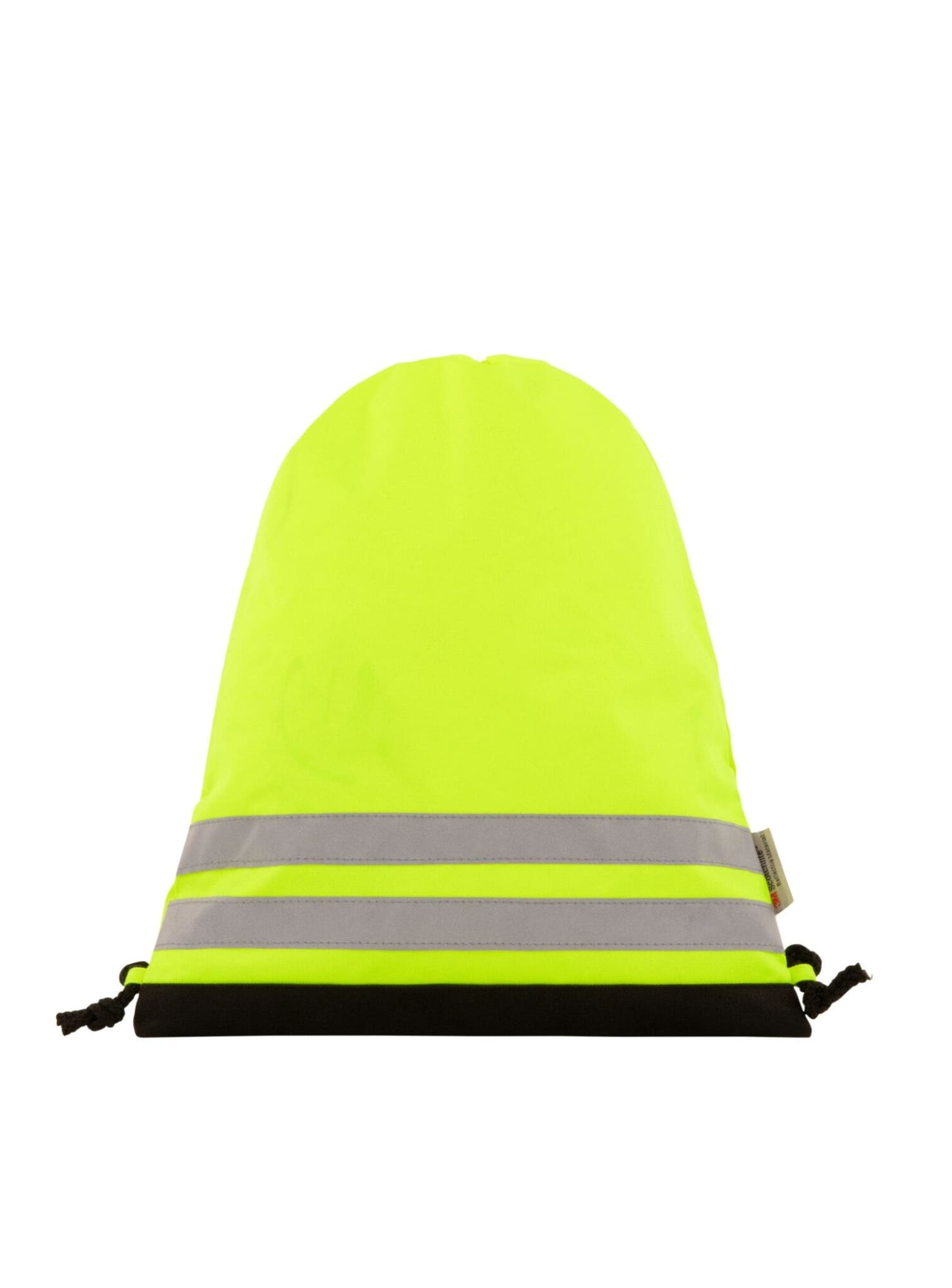 A bright yellow drawstring bag with reflective stripes and a black bottom, featuring a drawstring closure.