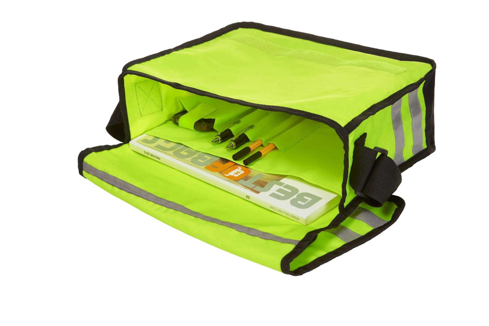 A bright green Reflex Shoulder Bag with reflective strips, featuring multiple compartments and tools inside.