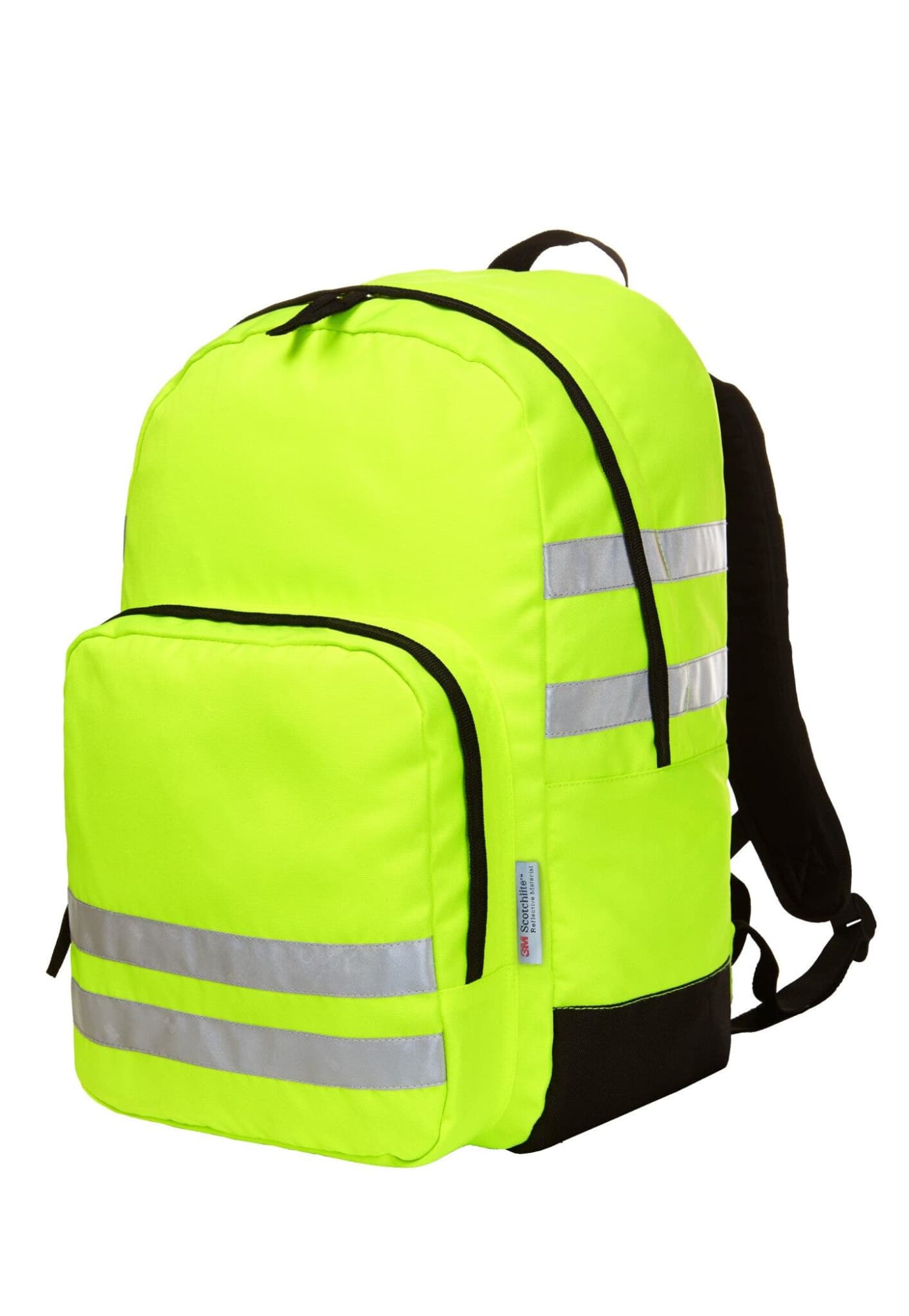 A bright yellow backpack with reflective stripes, featuring a main compartment and front pocket, and black straps.
