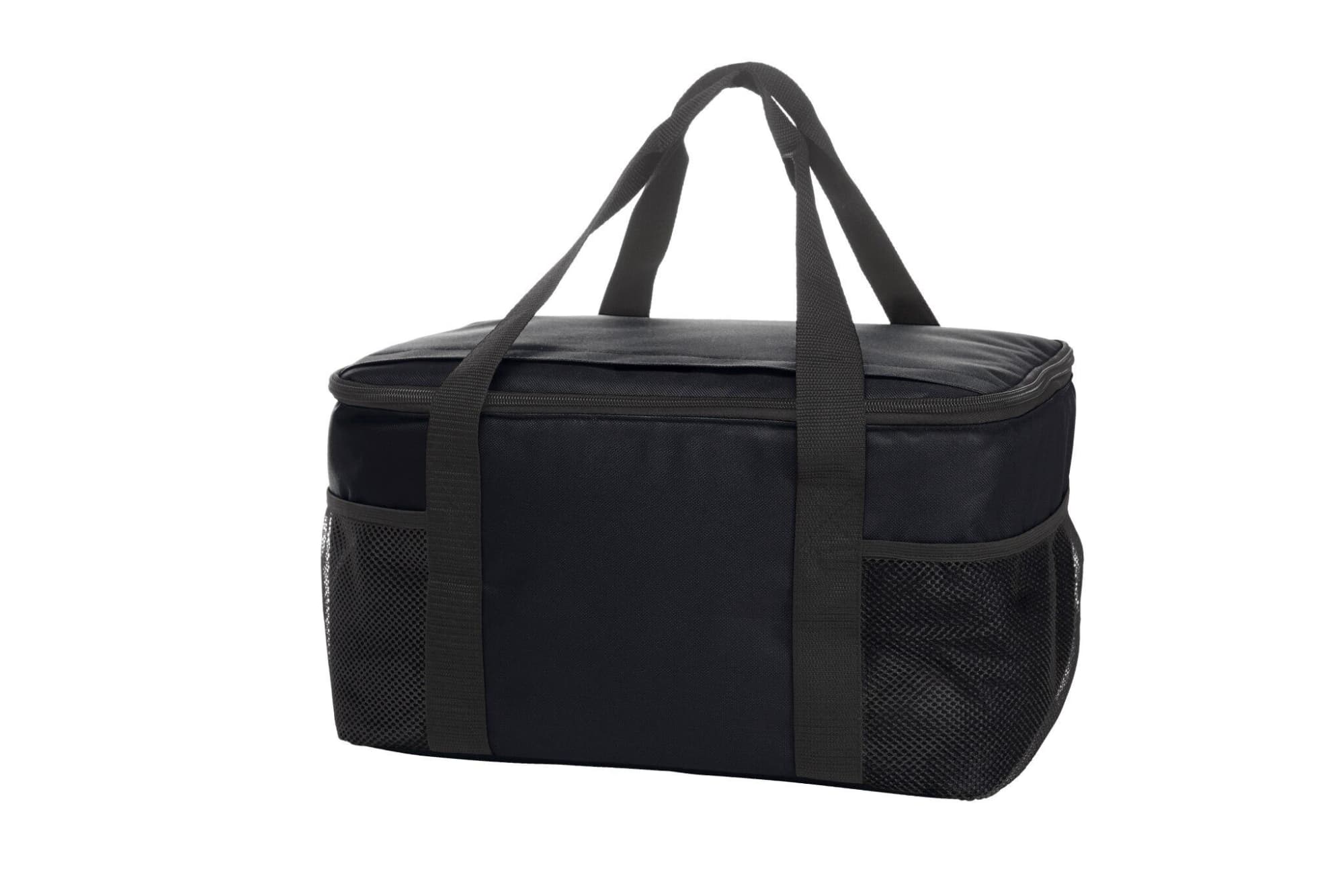 A black cooler bag with a zippered top, featuring two mesh side pockets and sturdy handles.
