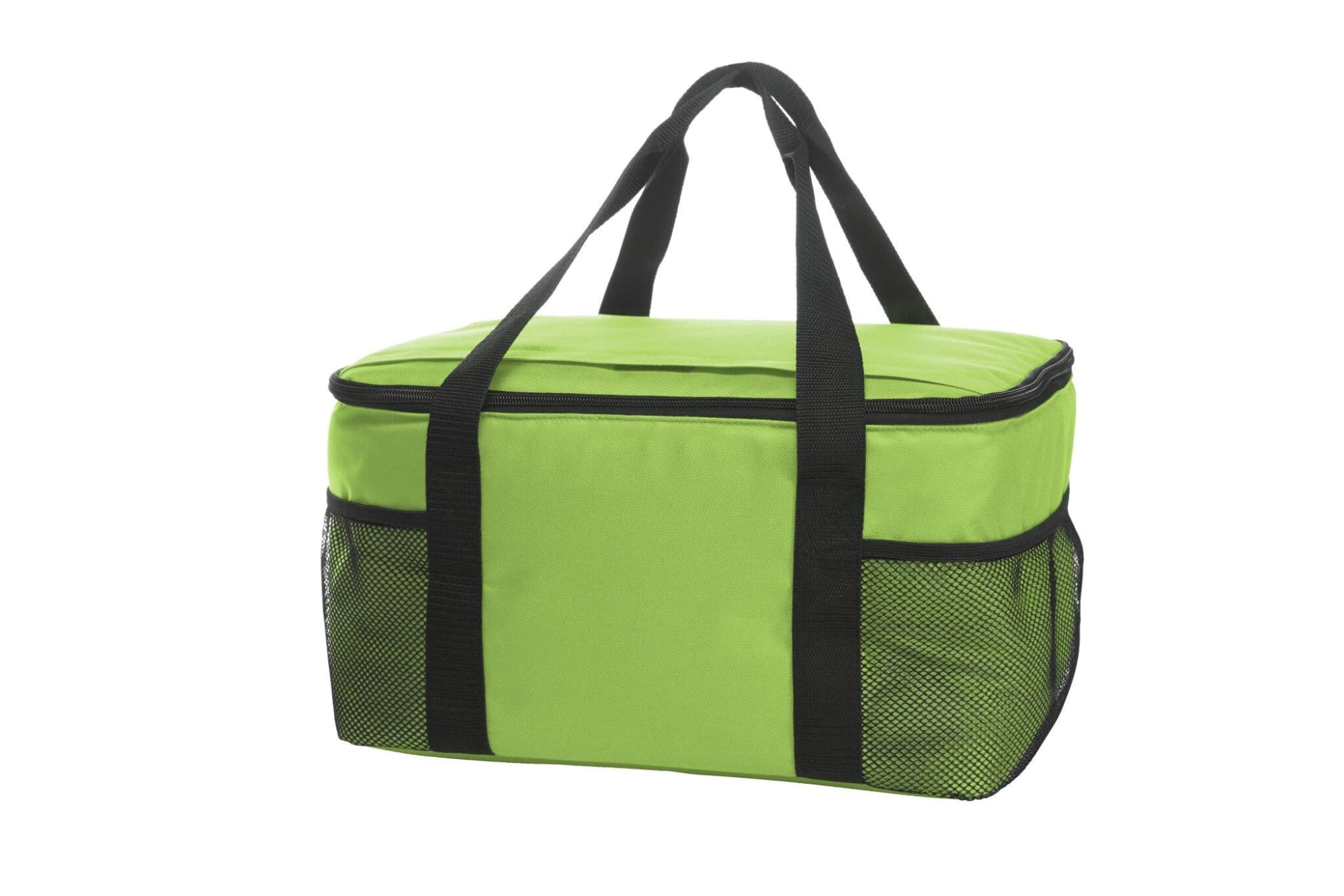 A bright green cooler bag with black straps and mesh pockets on the sides, featuring a branding logo.