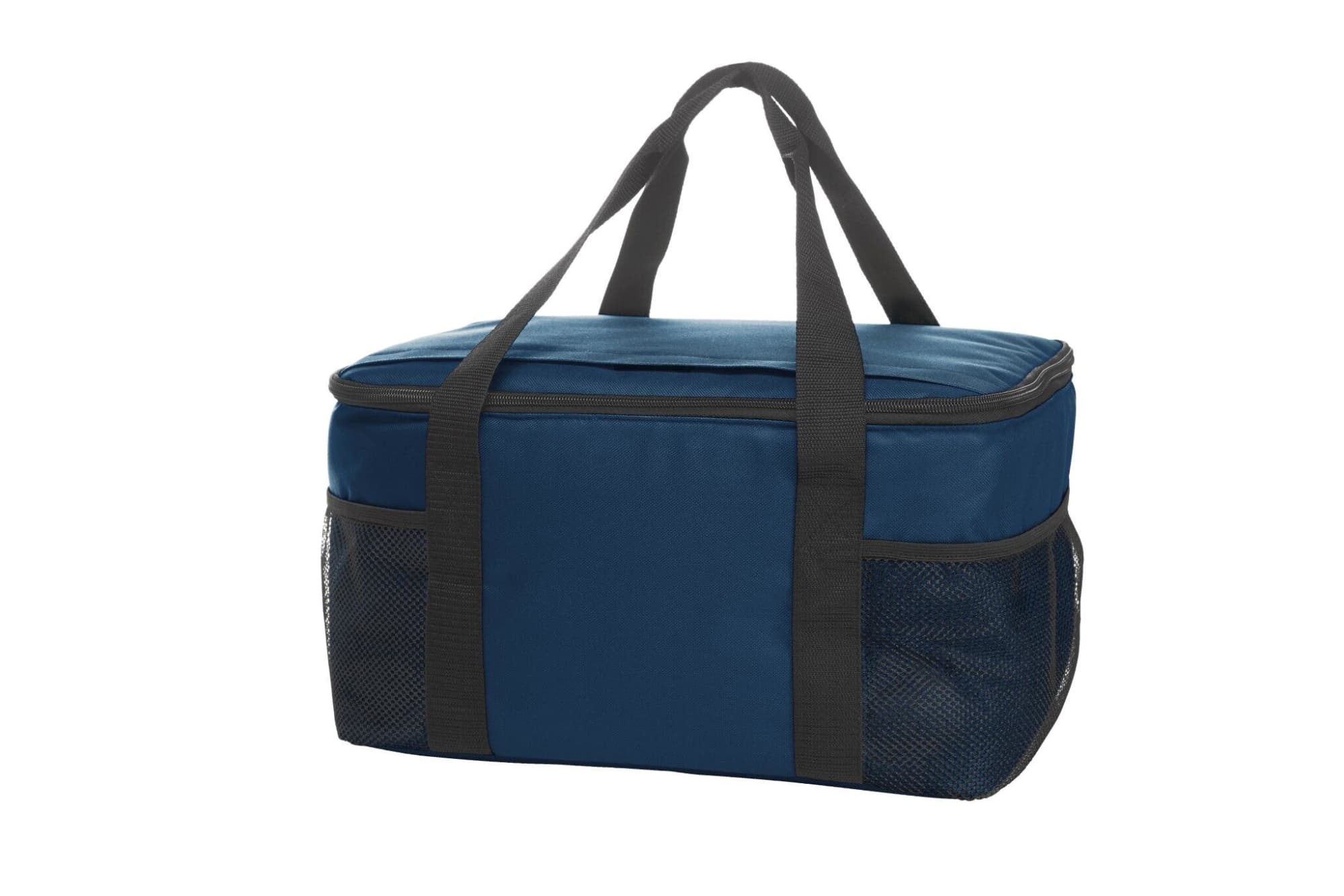 A navy cooler bag with black accents features mesh side pockets and two sturdy handles. It includes a logo.