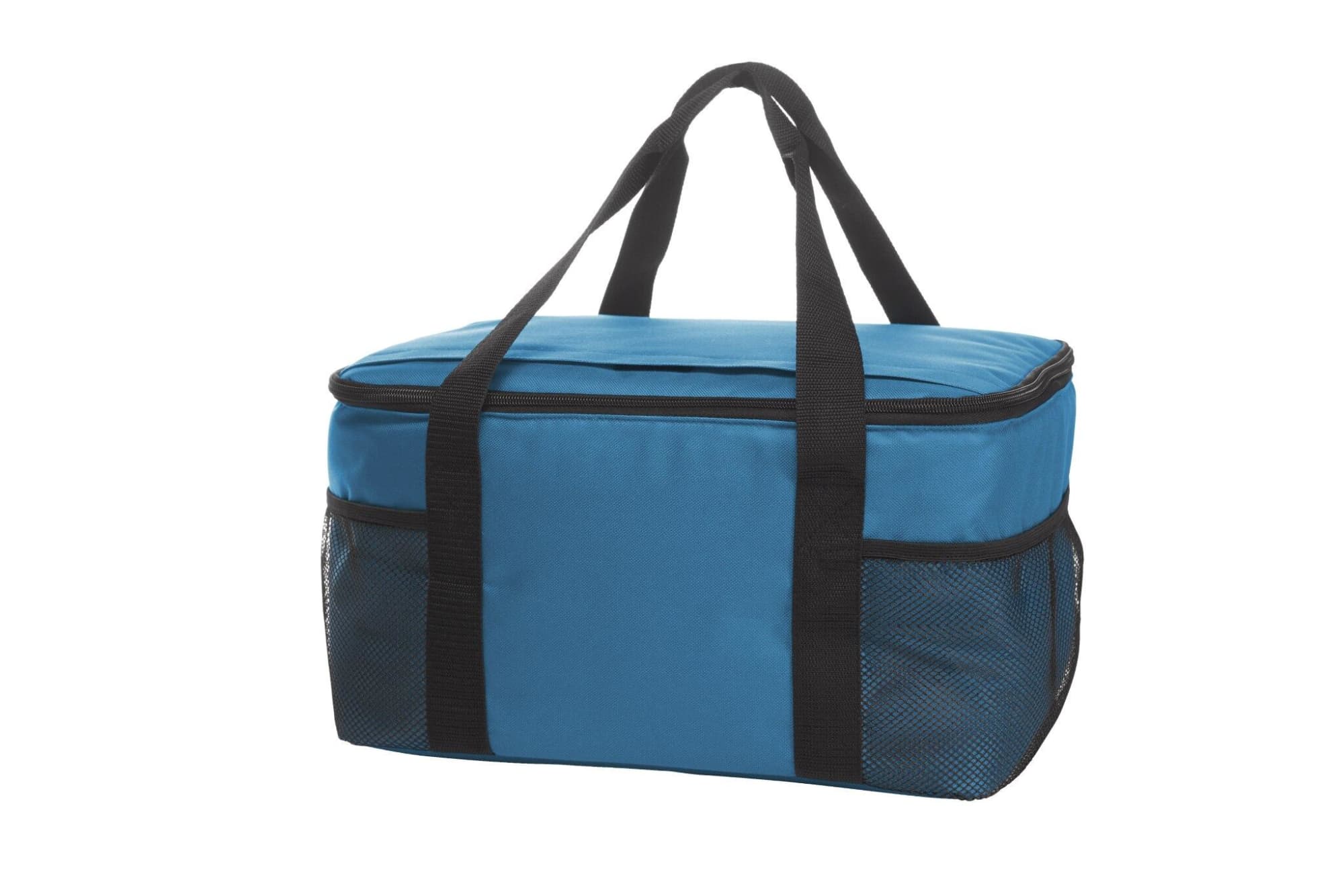 A blue cooler bag with black mesh pockets and handles, featuring a zippered top for storage.