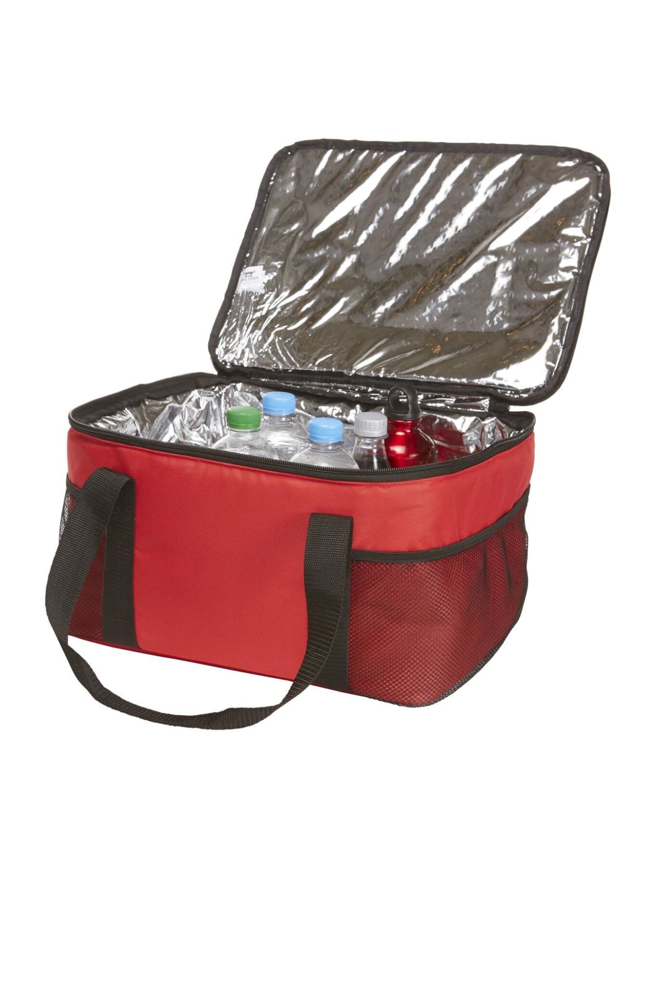 A red cooler bag with a reflective interior, containing multiple drink bottles and a few cans. It has a mesh side pocket and a logo.