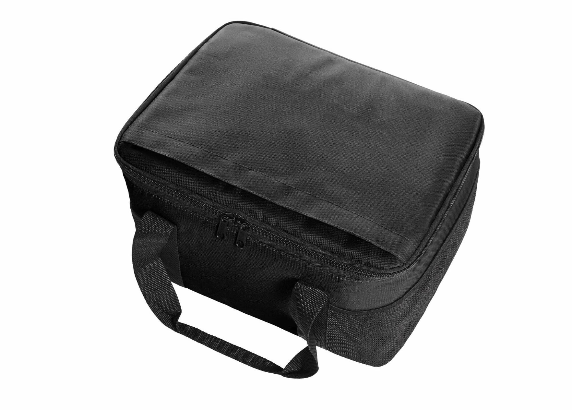 A black cooler bag with a zippered closure and sturdy handles, featuring a simple design and no visible branding.