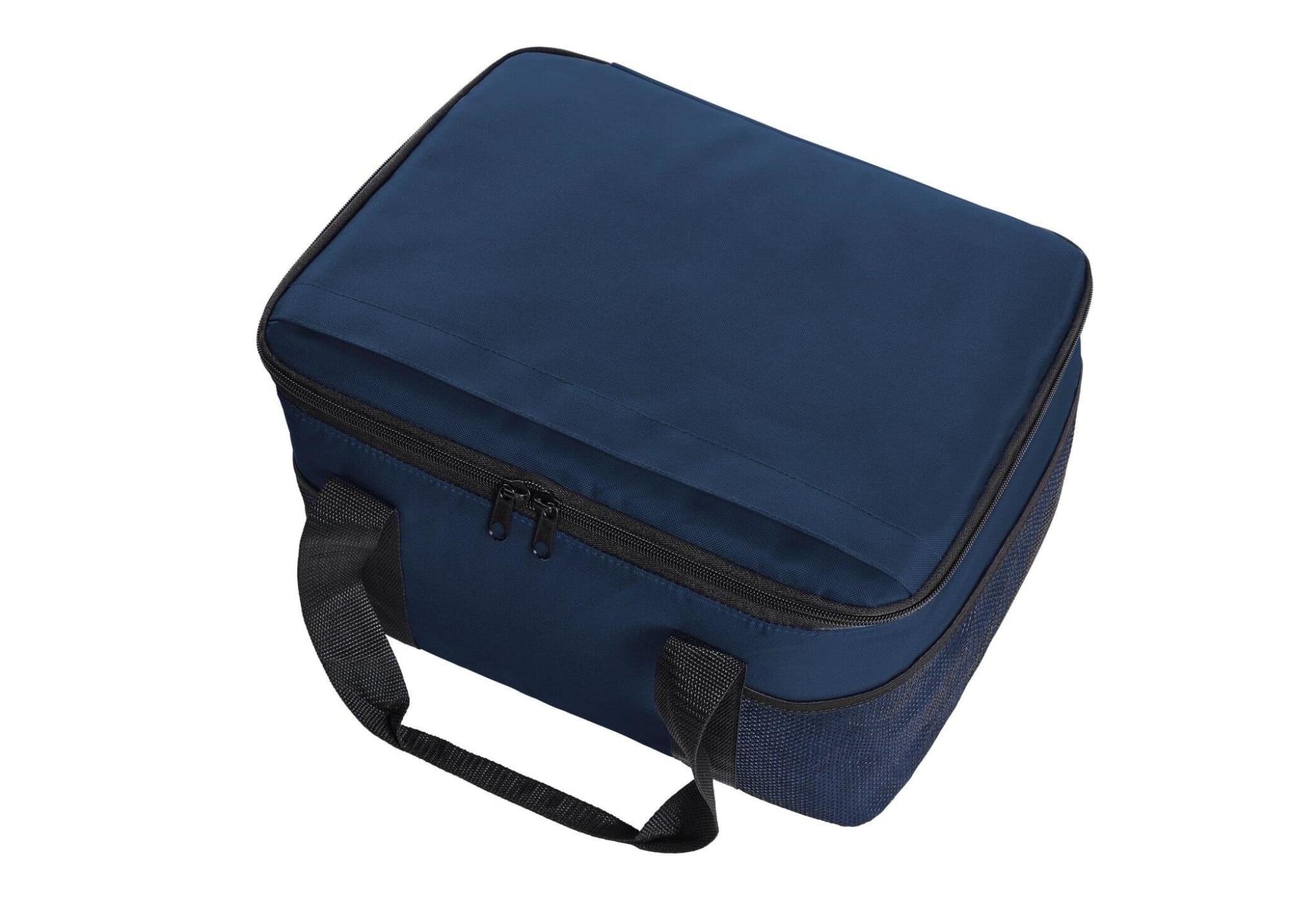 A navy blue cooler bag with a zippered top and sturdy black handles. It features a simple, unbranded design.