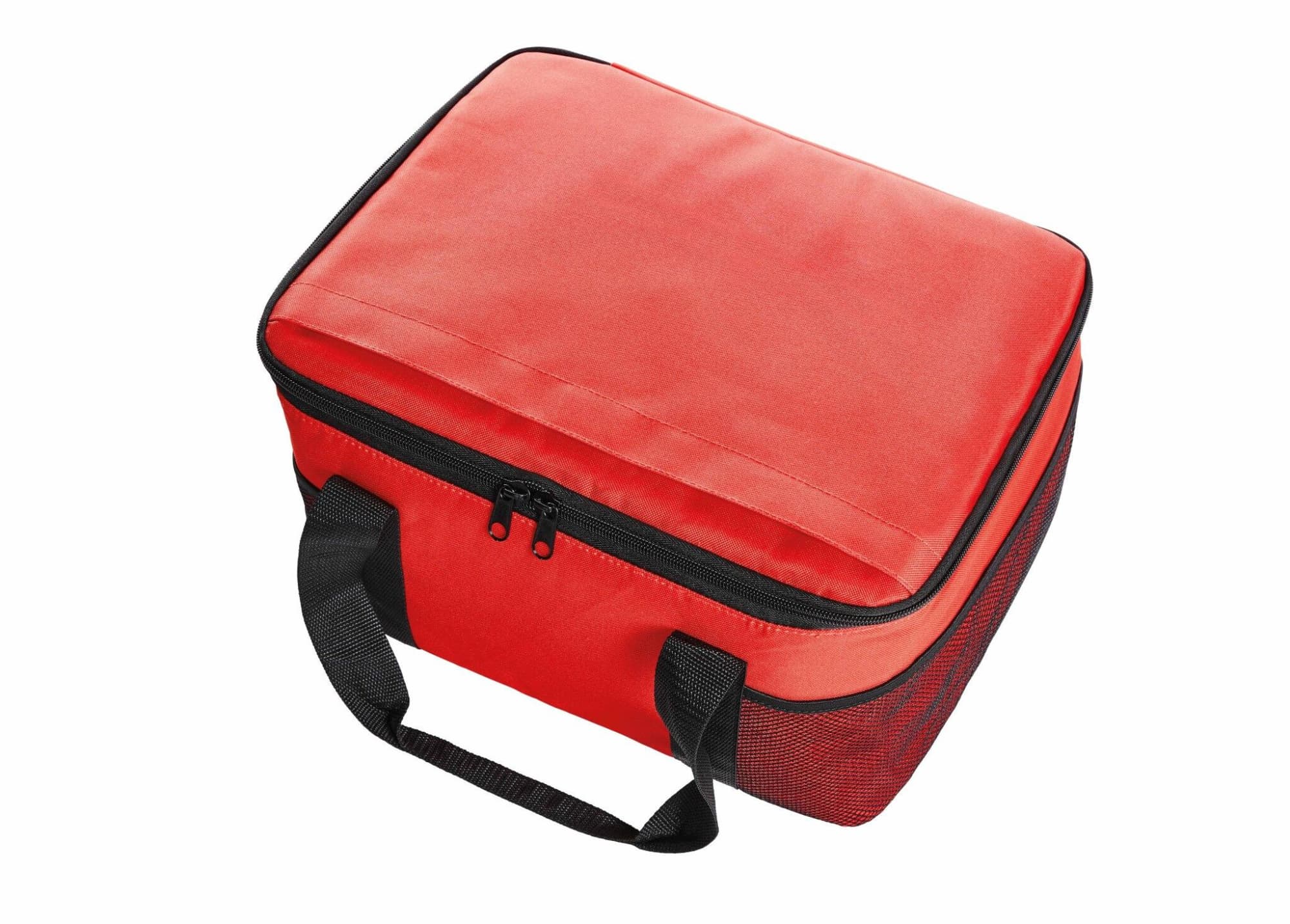 A red cooler bag with a black zip and handle, featuring mesh sides for ventilation. It has a plain design.
