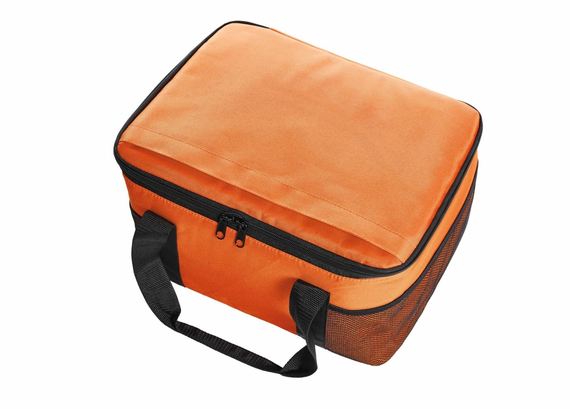 An orange cooler bag with a zip closure and black handles, featuring a mesh side panel.